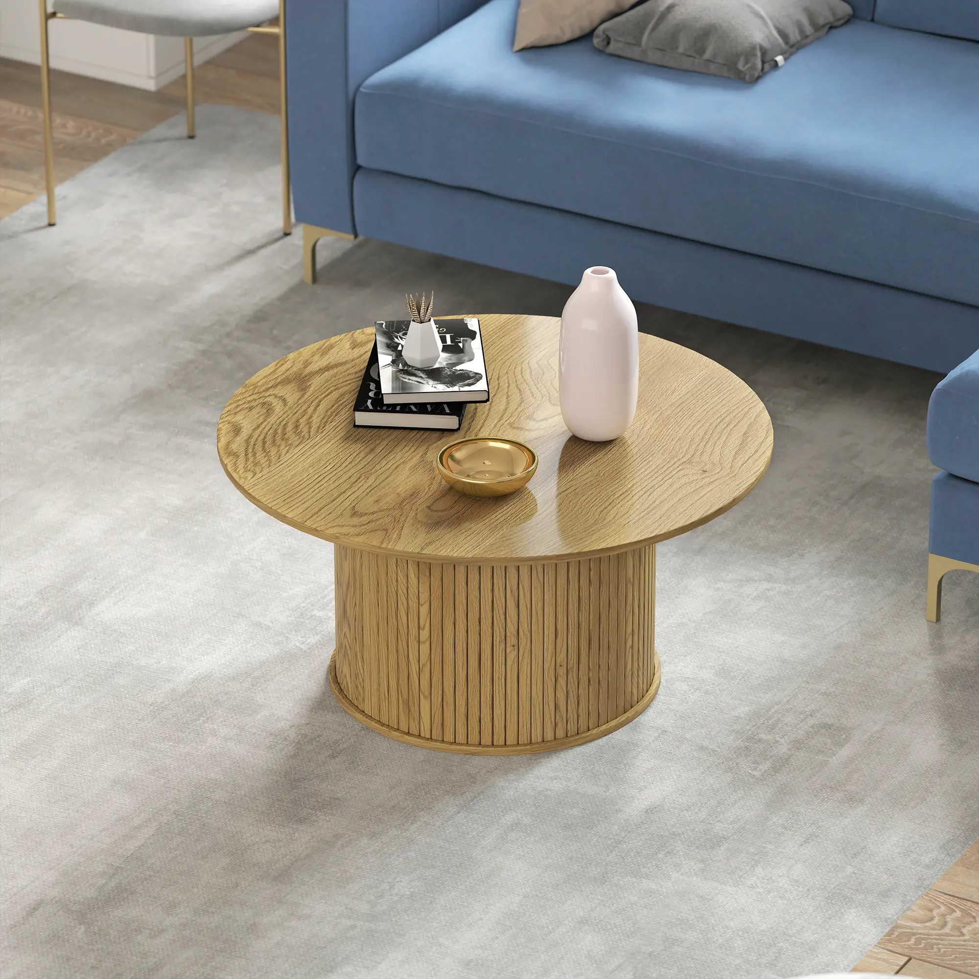 31.5 Inch Round Coffee Table, Nordic Style, Oak - Image 10