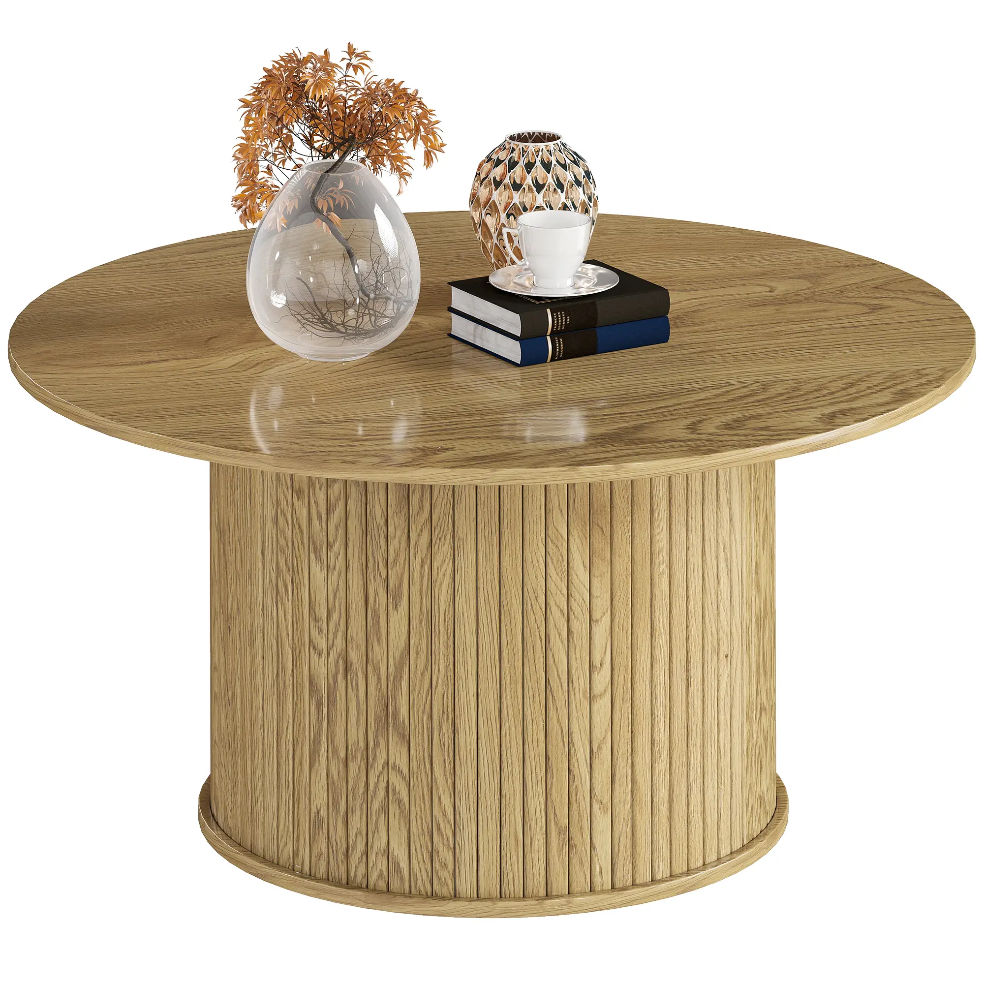 31.5 Inch Round Coffee Table, Nordic Style, Oak - Image 11