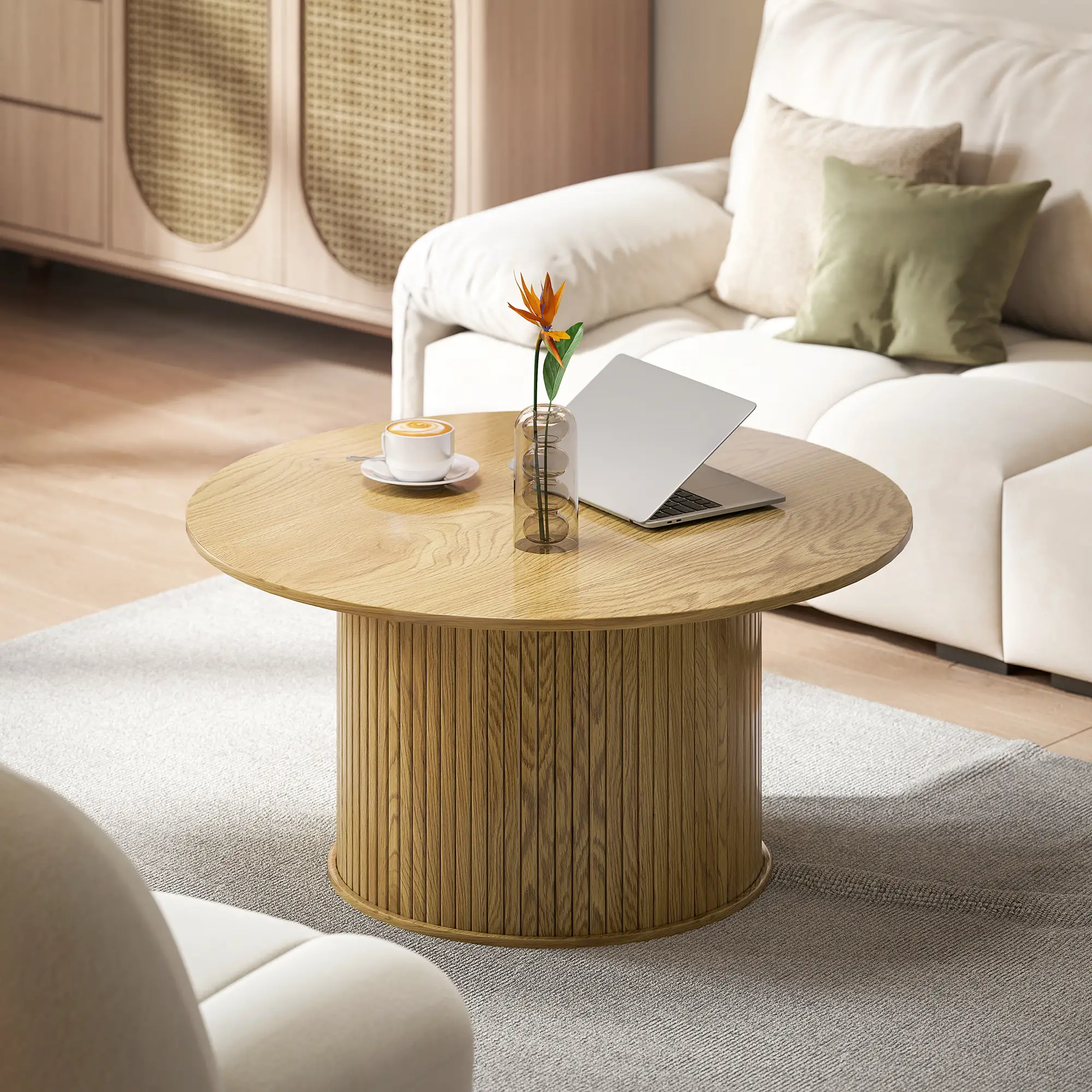 31.5 Inch Round Coffee Table, Nordic Style, Oak - Image 2
