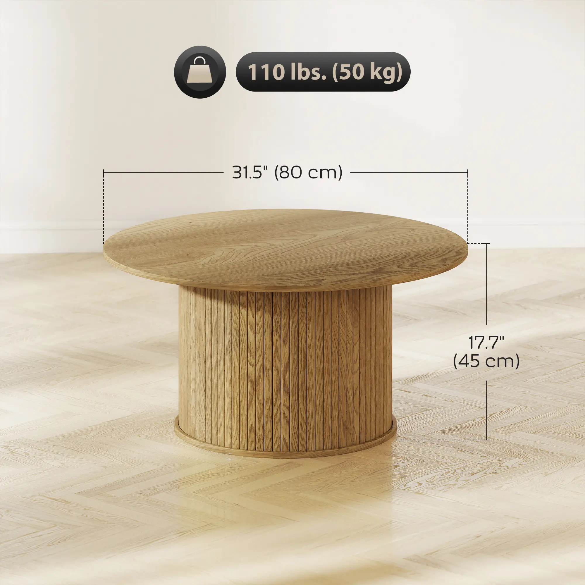 31.5 Inch Round Coffee Table, Nordic Style, Oak - Image 3
