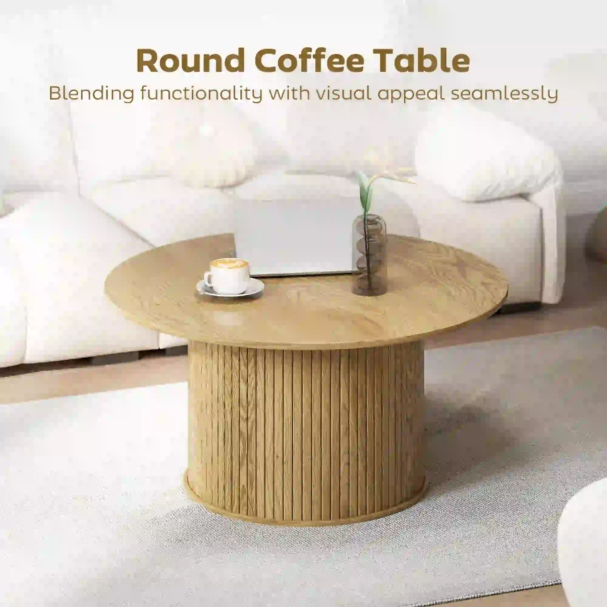 31.5 Inch Round Coffee Table, Nordic Style, Oak - Image 4