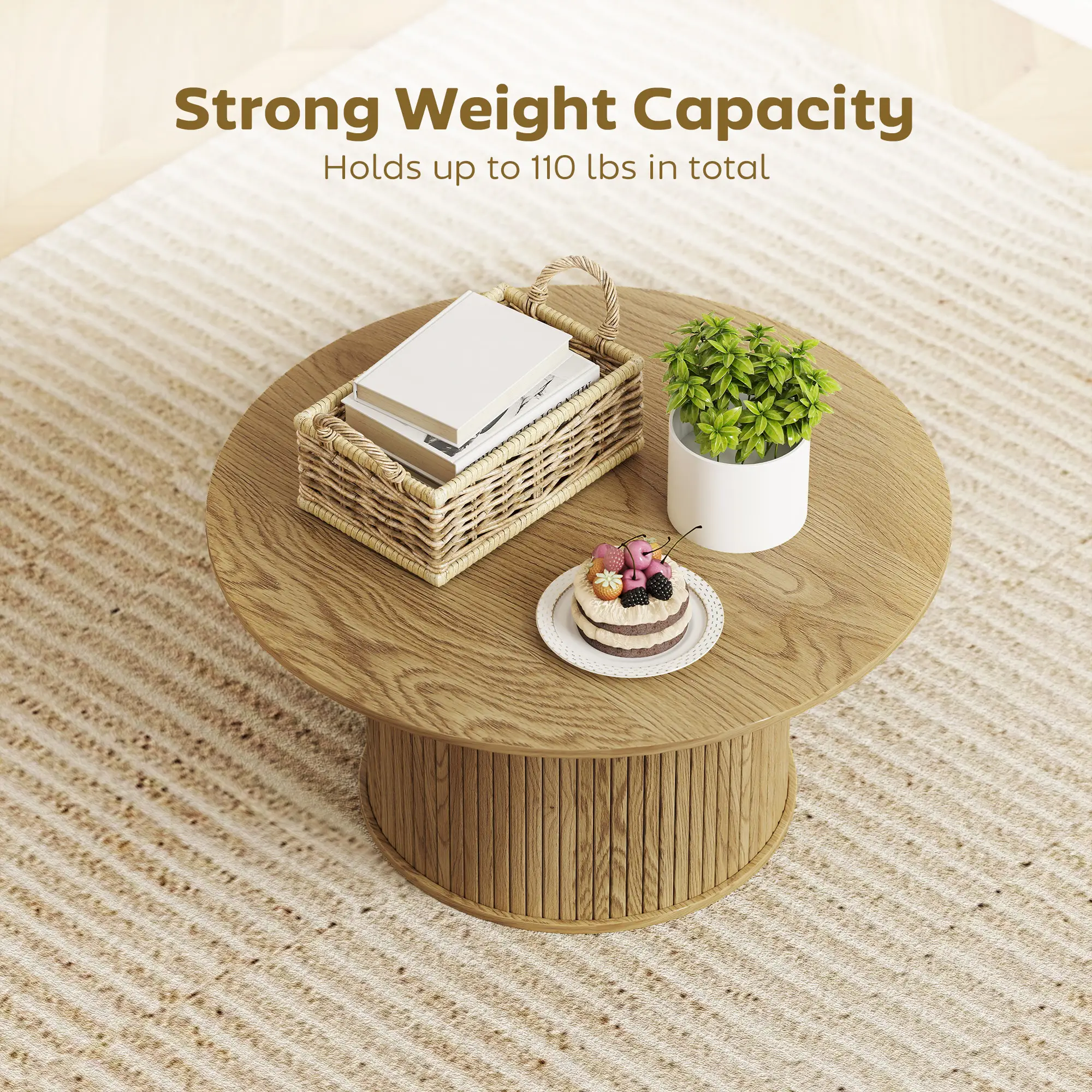 31.5 Inch Round Coffee Table, Nordic Style, Oak - Image 5