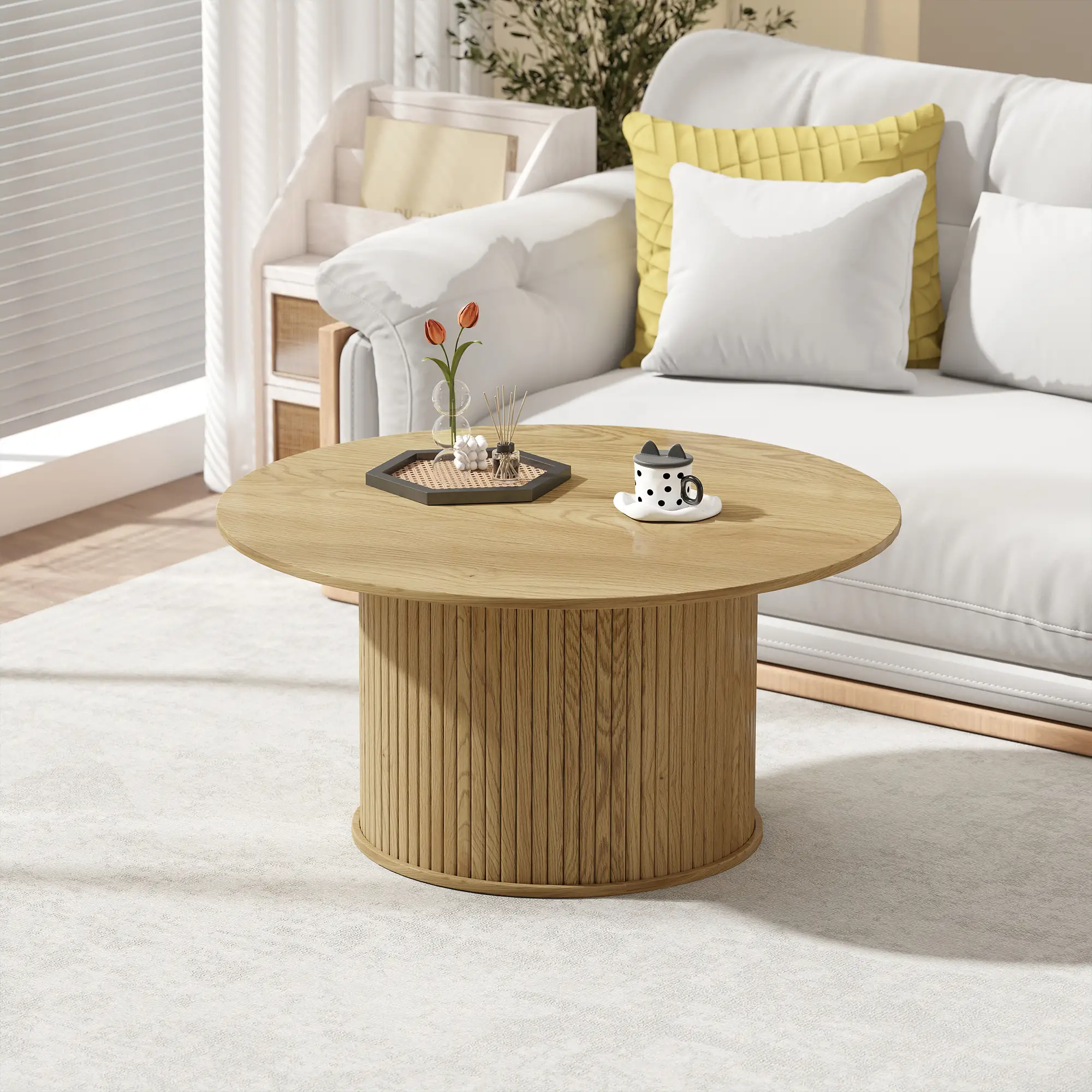 31.5 Inch Round Coffee Table, Nordic Style, Oak - Image 6