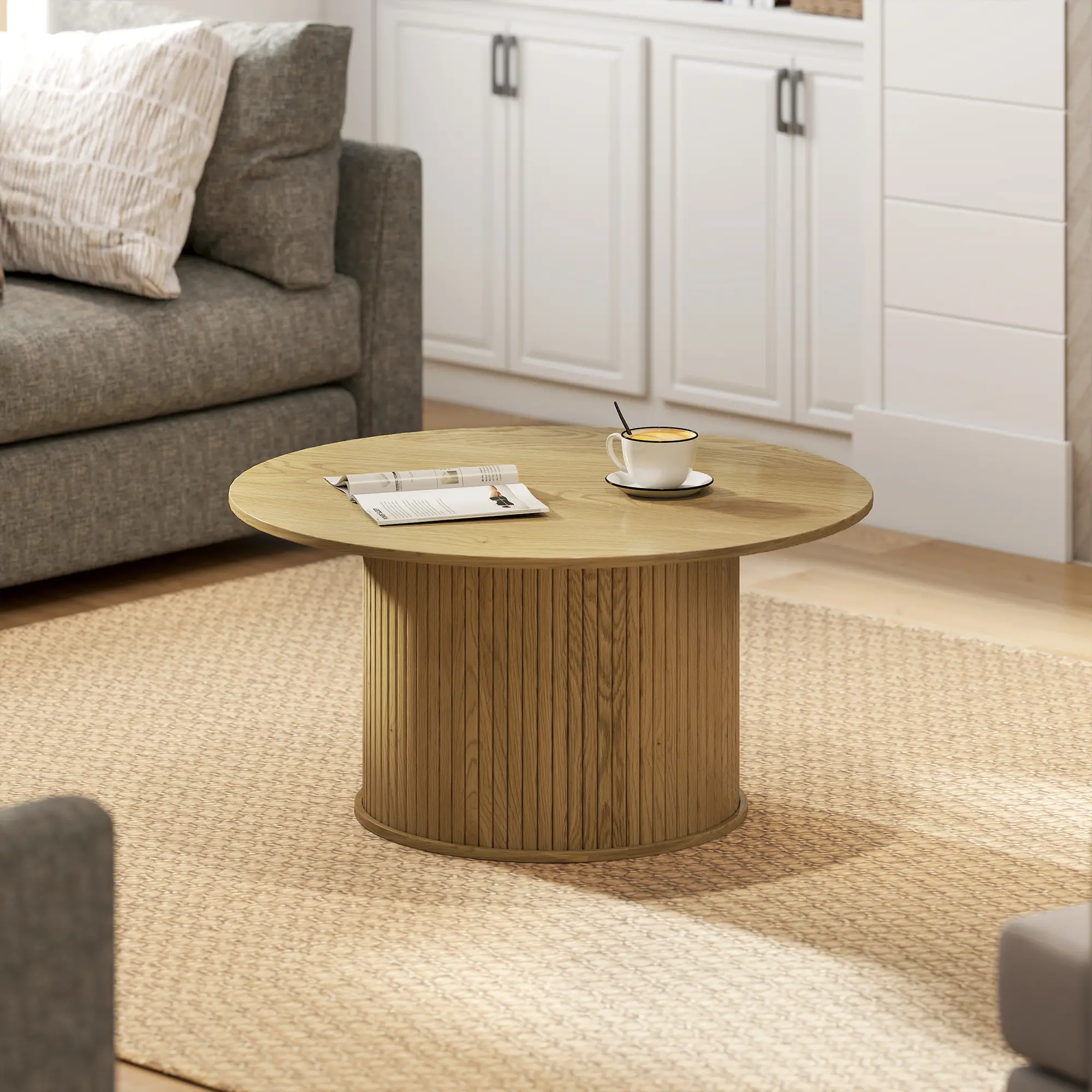 31.5 Inch Round Coffee Table, Nordic Style, Oak - Image 7