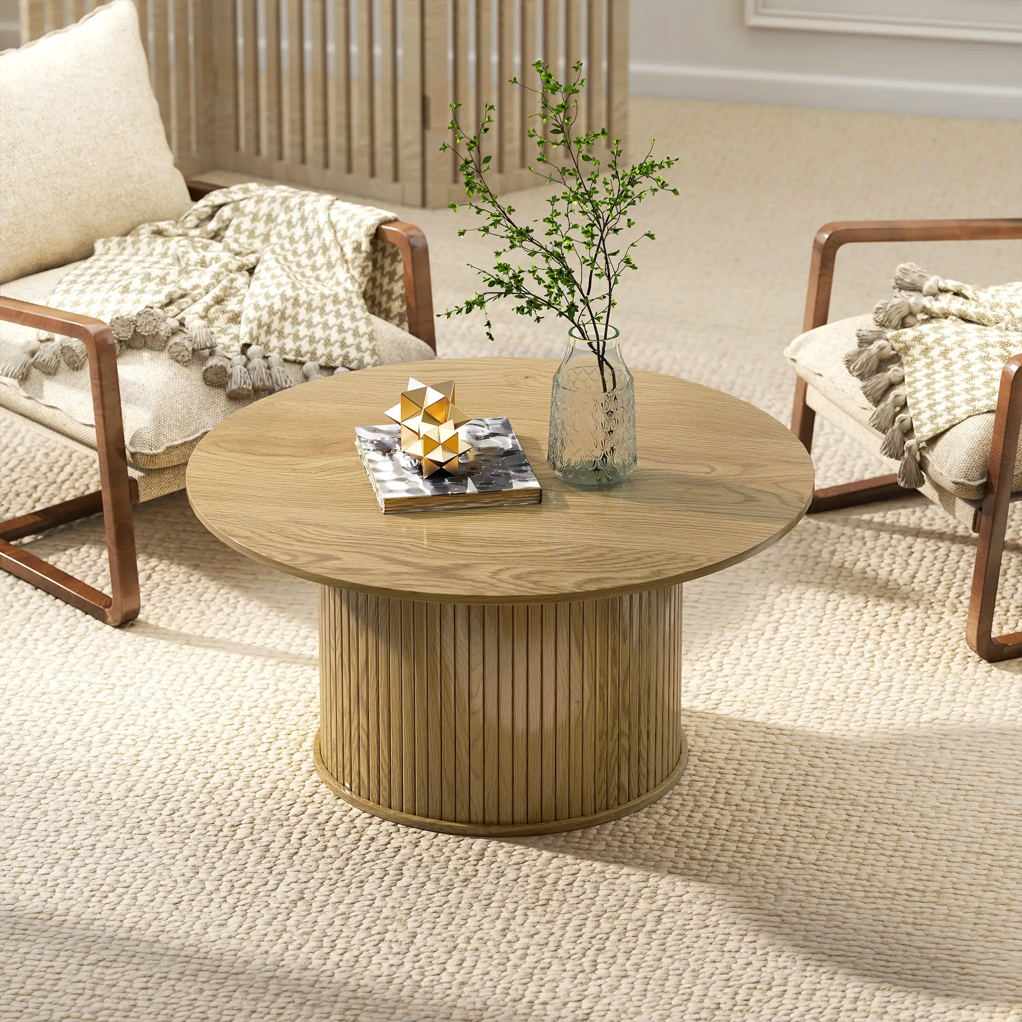31.5 Inch Round Coffee Table, Nordic Style, Oak - Image 8