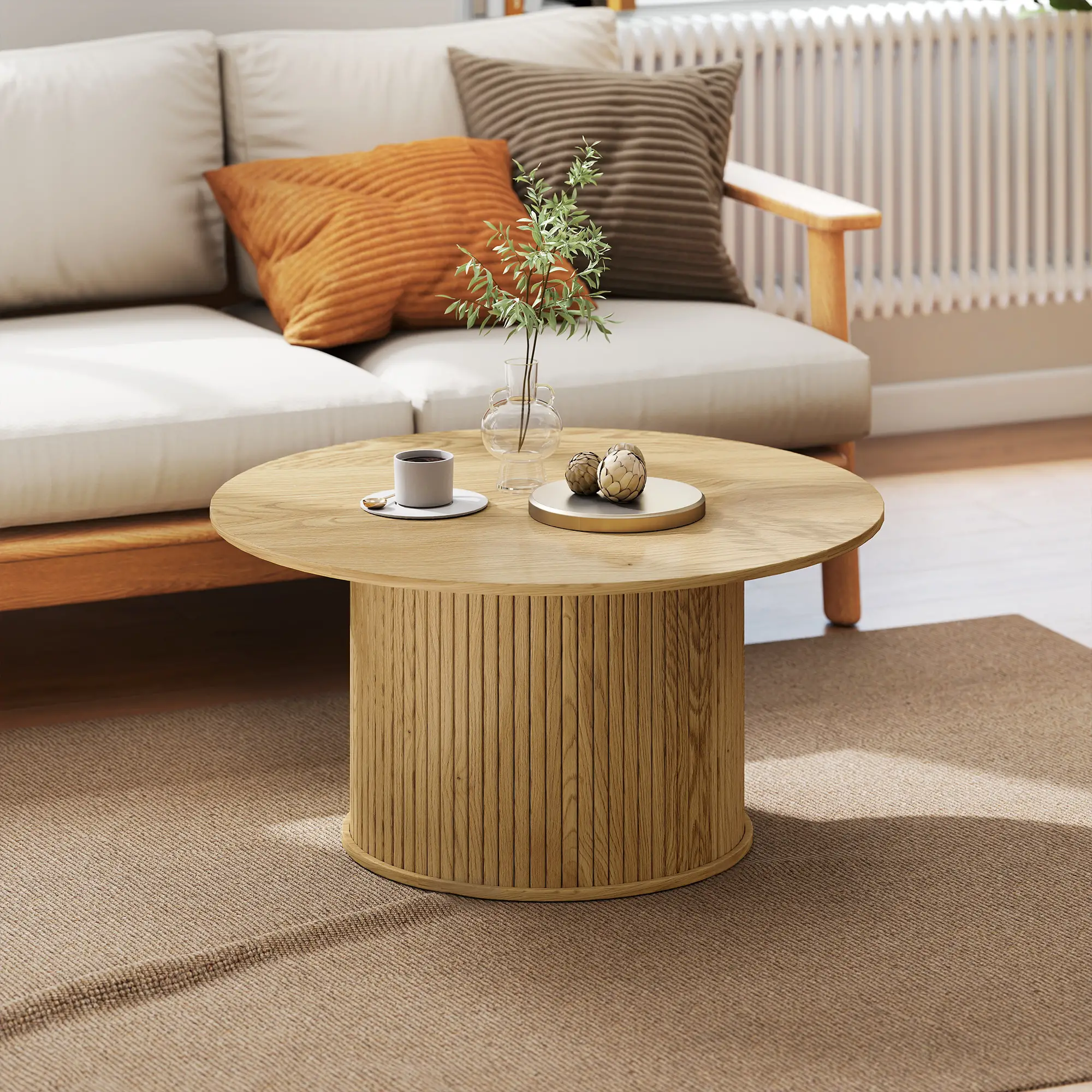 31.5 Inch Round Coffee Table, Nordic Style, Oak - Image 9