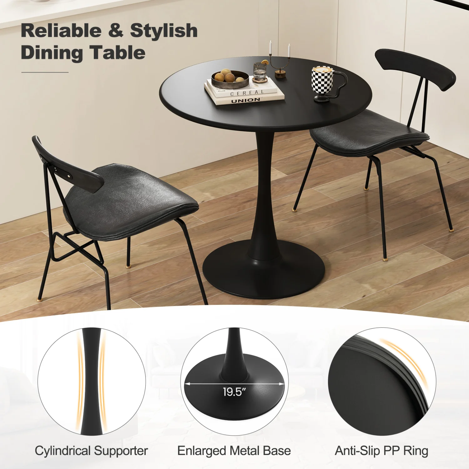 31.5 Inch Round Dining Table, Anti-Slip PP Ring, Black - Image 10