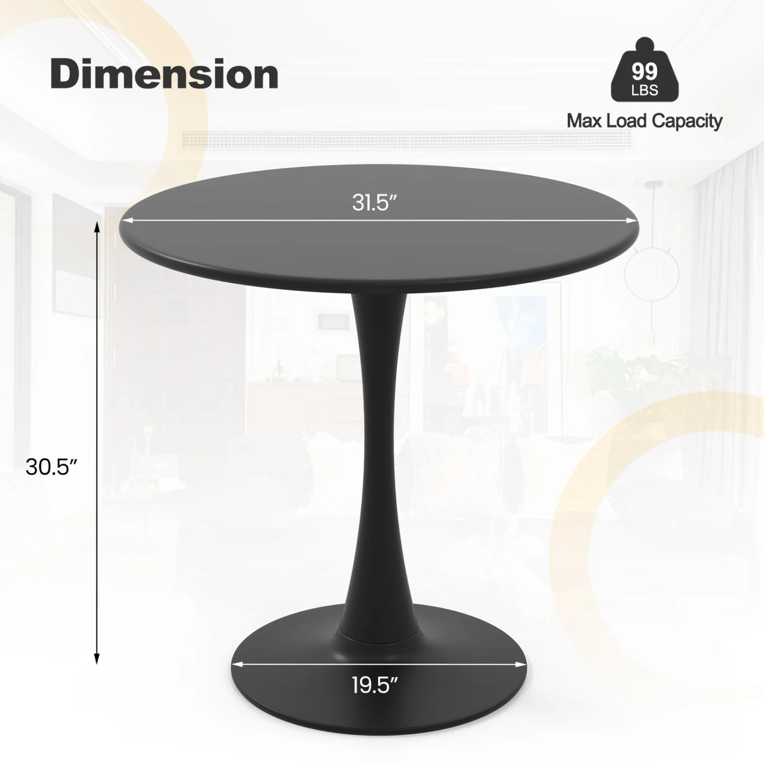 31.5 Inch Round Dining Table, Anti-Slip PP Ring, Black - Image 6