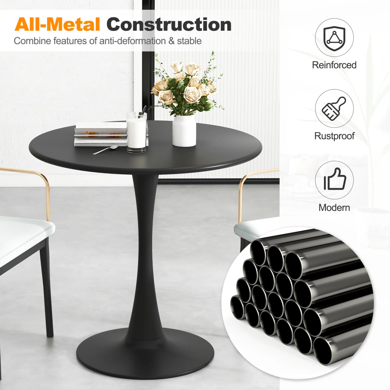 31.5 Inch Round Dining Table, Anti-Slip PP Ring, Black - Image 9