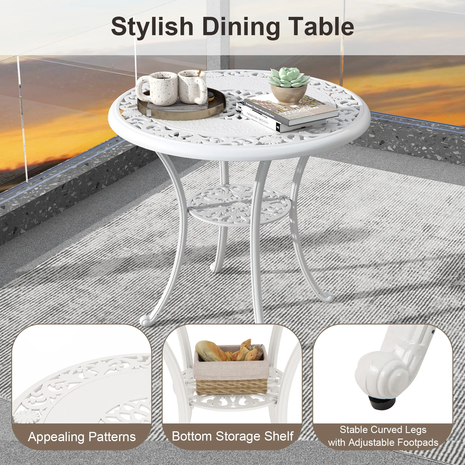 31.5 Inch Round Patio Dining Table, Cast Aluminum, White - Image 10