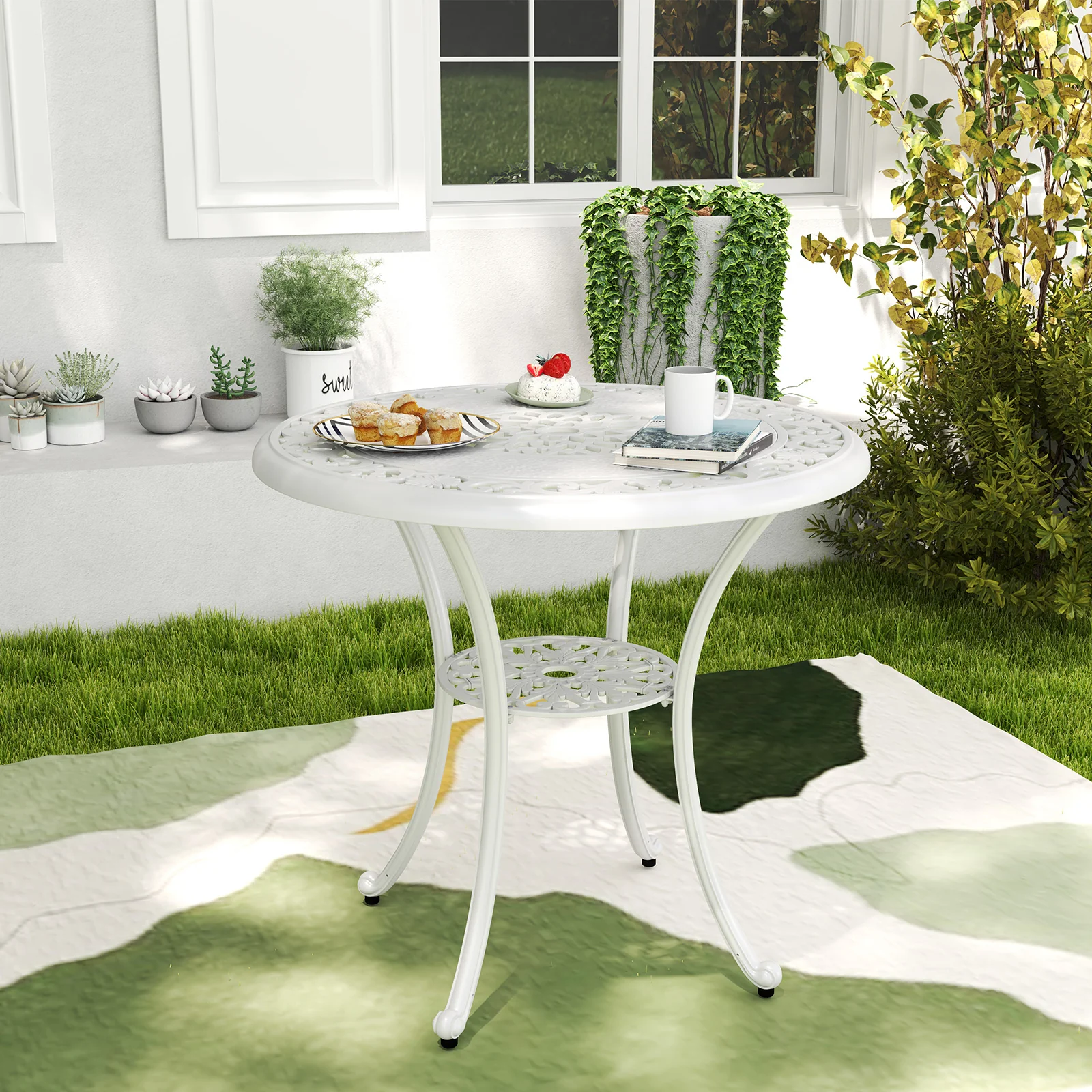 31.5 Inch Round Patio Dining Table, Cast Aluminum, White - Image 2
