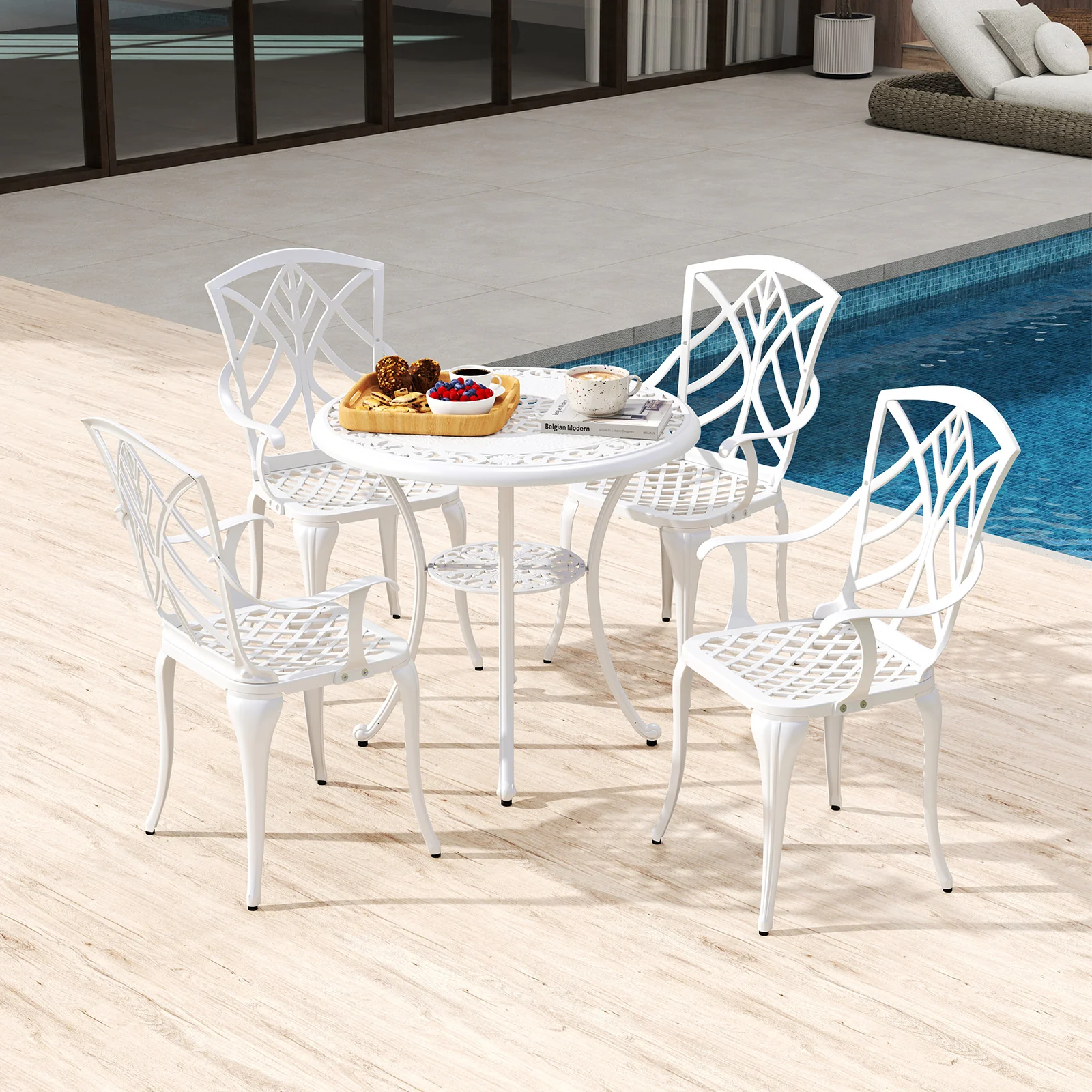 31.5 Inch Round Patio Dining Table, Cast Aluminum, White - Image 3