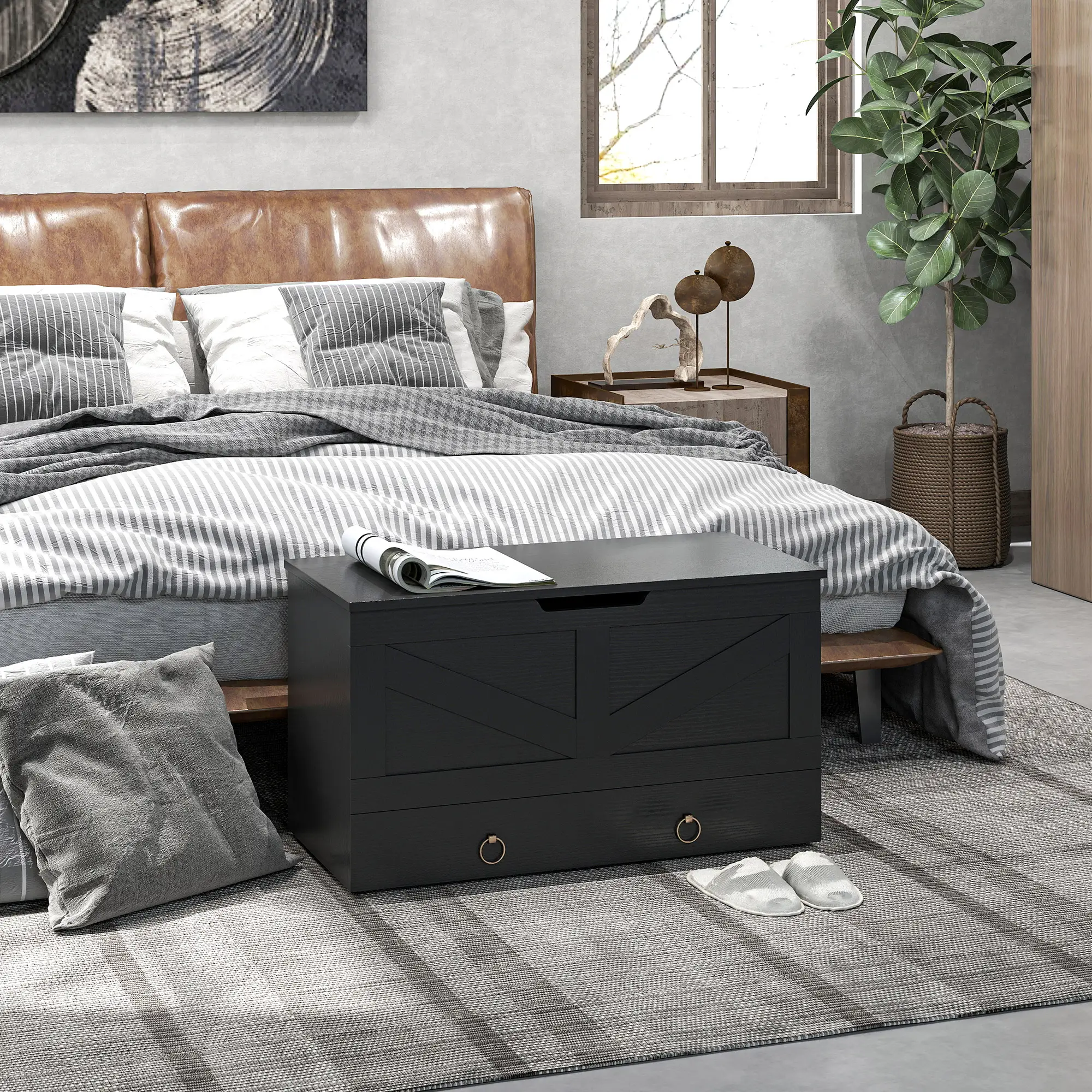 31.5 Inches Storage Chest, Wooden Box, Black Wood Grain, Black - Image 10