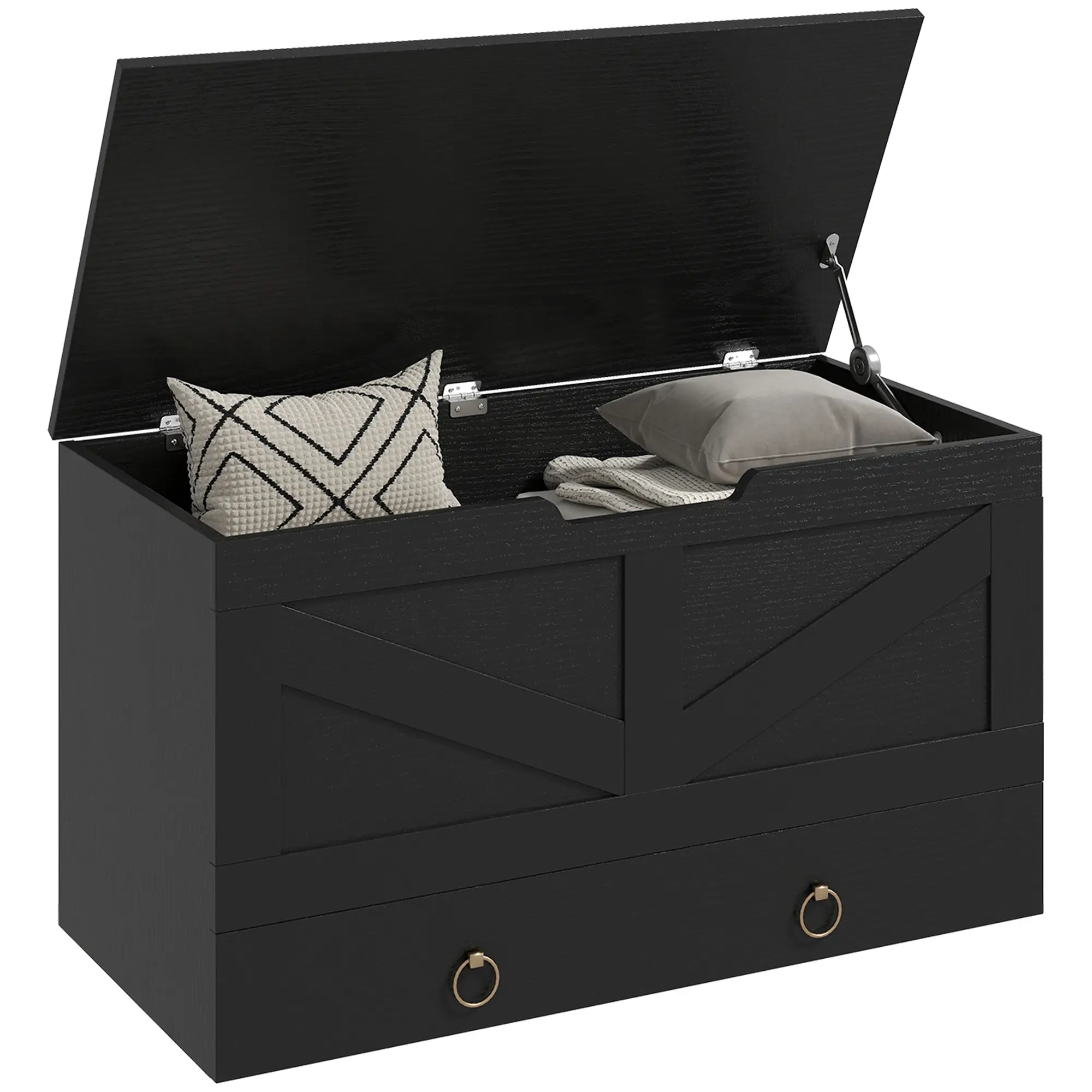 31.5 Inches Storage Chest, Wooden Box, Black Wood Grain, Black - Image 11