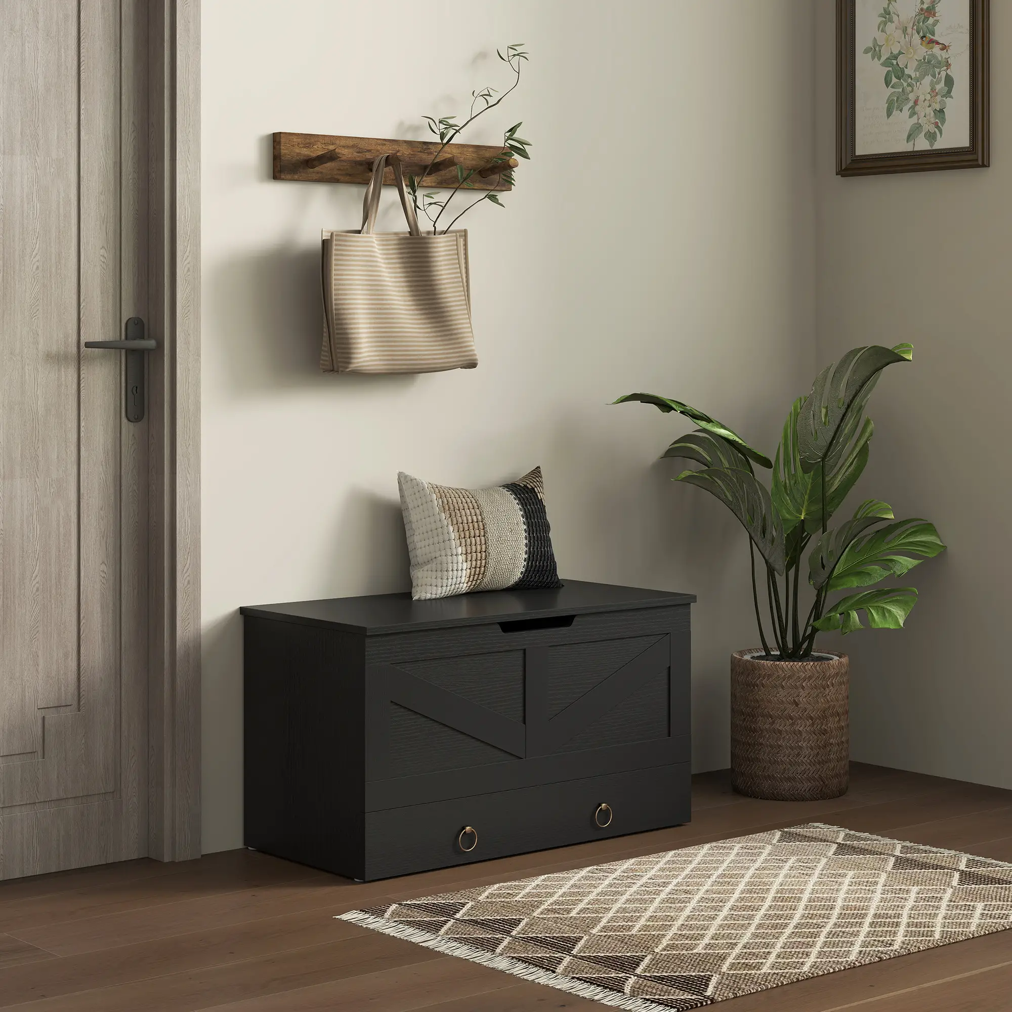 31.5 Inches Storage Chest, Wooden Box, Black Wood Grain, Black - Image 2