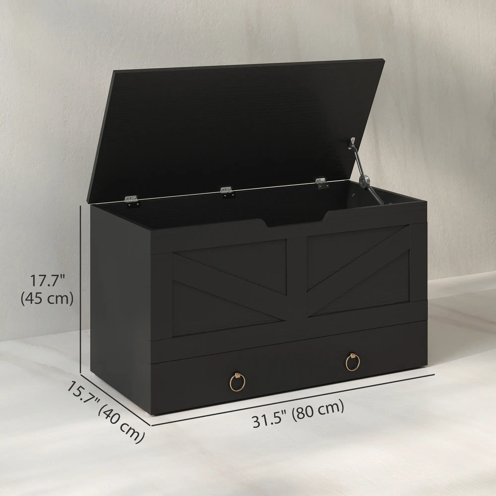 31.5 Inches Storage Chest, Wooden Box, Black Wood Grain, Black - Image 3