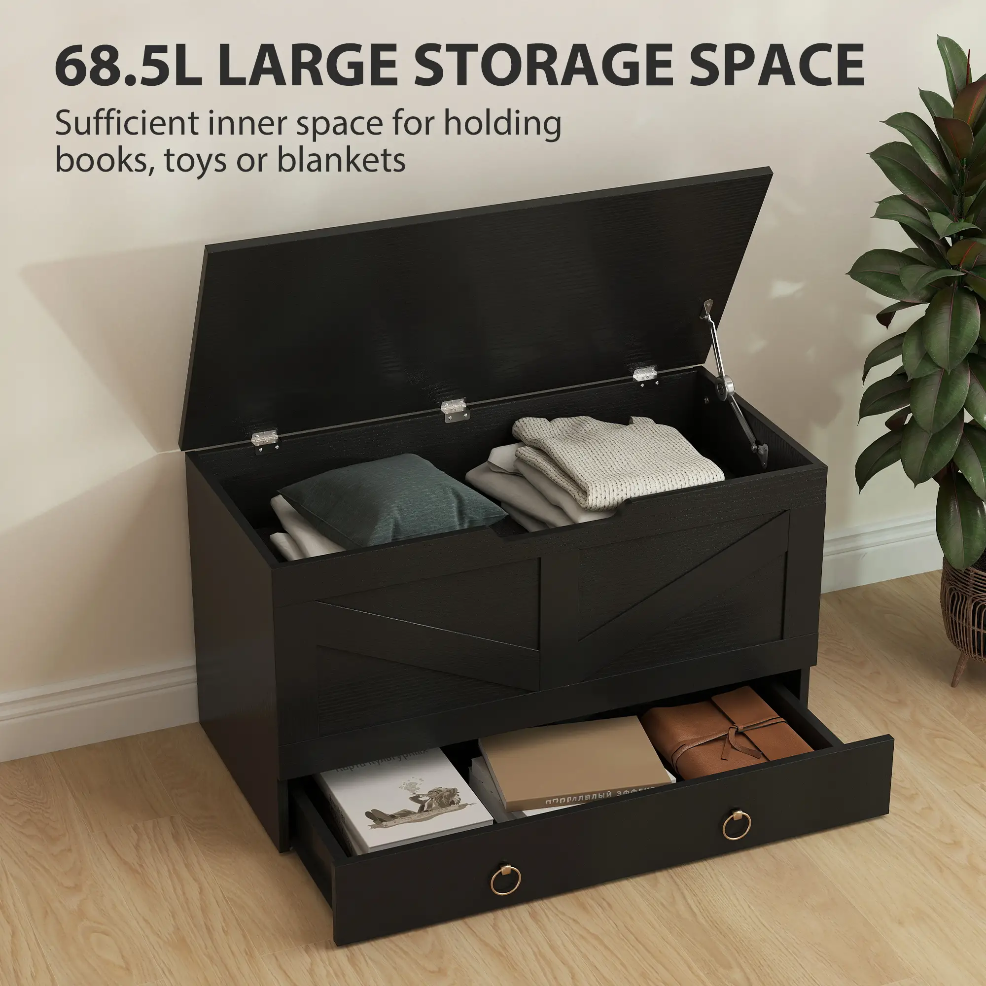 31.5 Inches Storage Chest, Wooden Box, Black Wood Grain, Black - Image 4