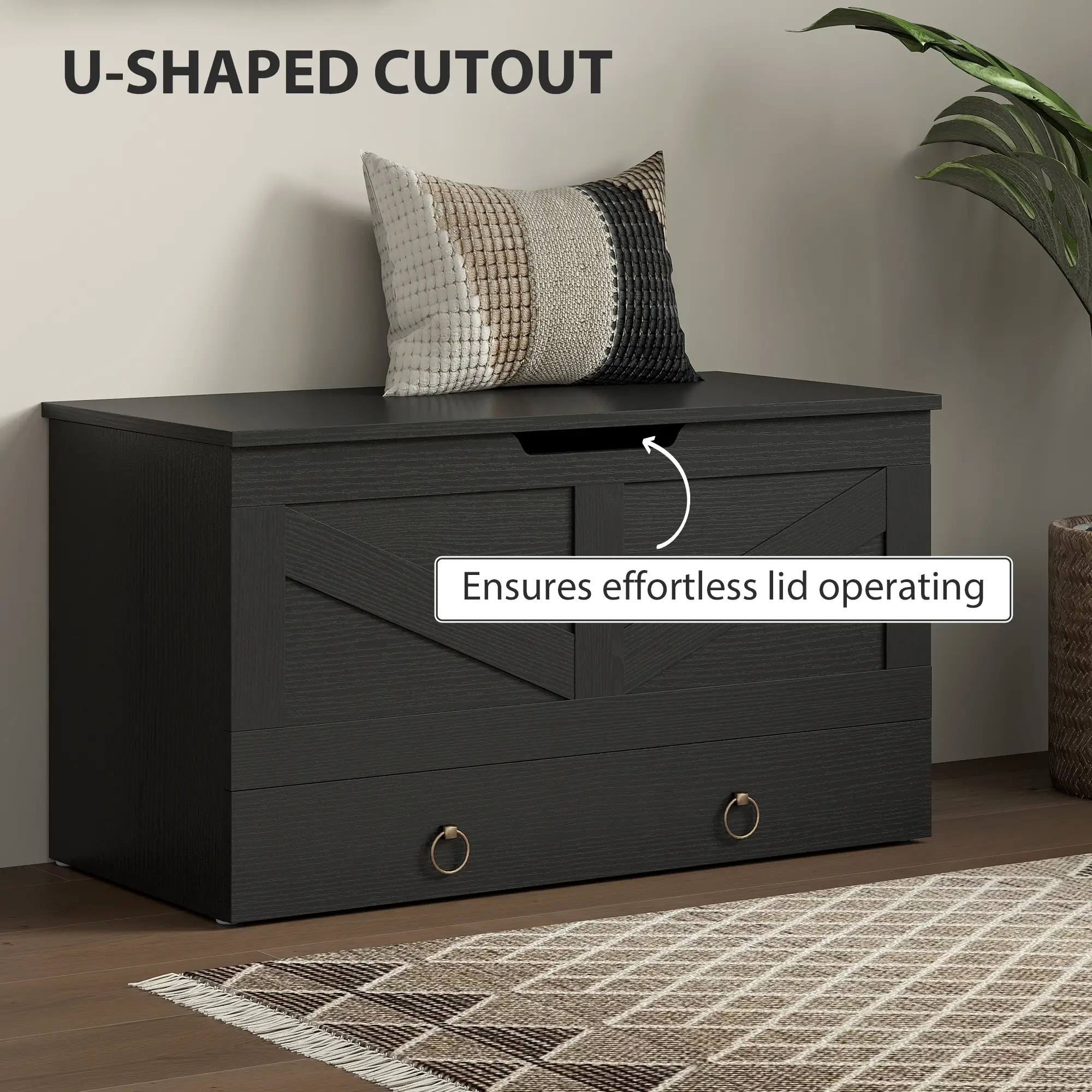 31.5 Inches Storage Chest, Wooden Box, Black Wood Grain, Black - Image 6