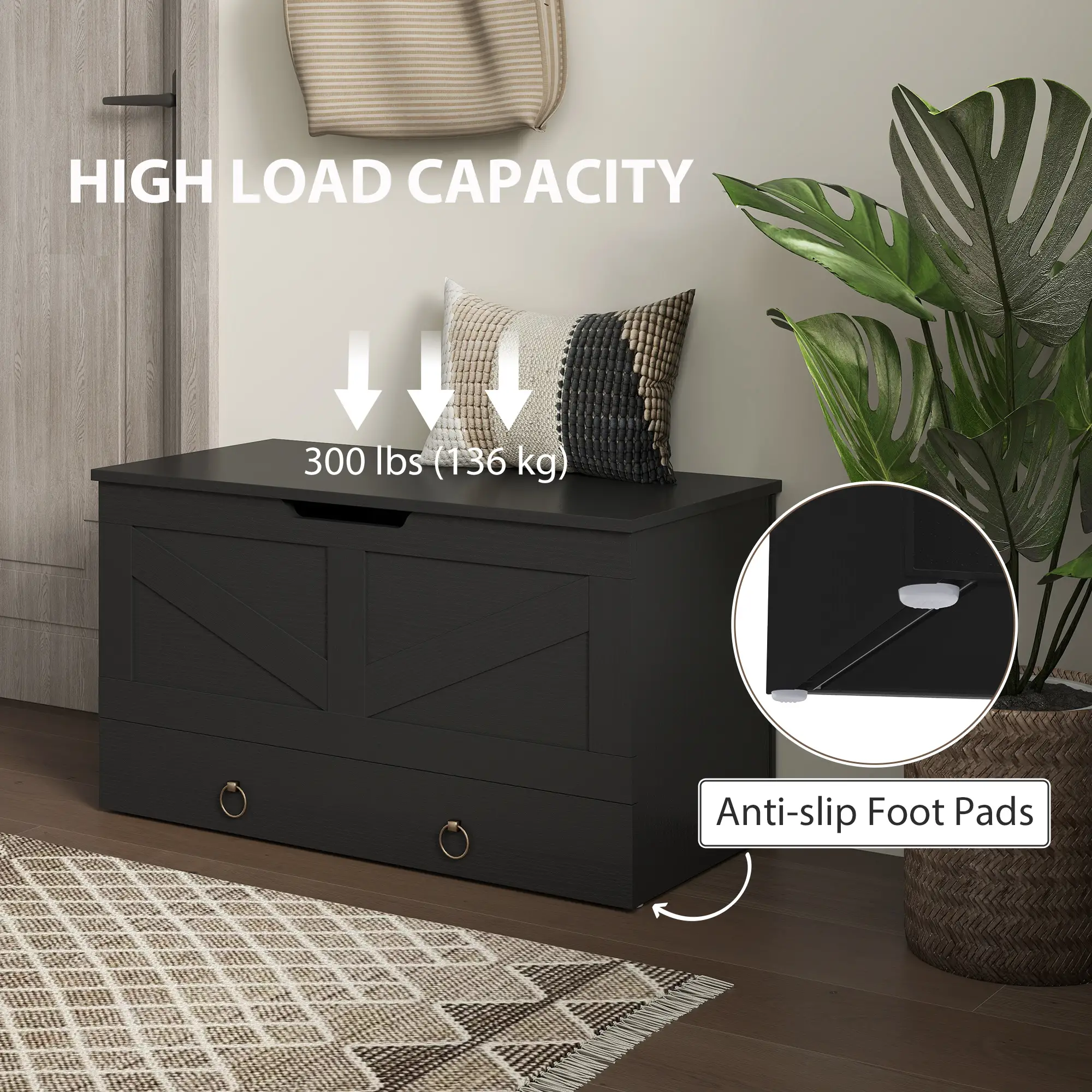 31.5 Inches Storage Chest, Wooden Box, Black Wood Grain, Black - Image 7