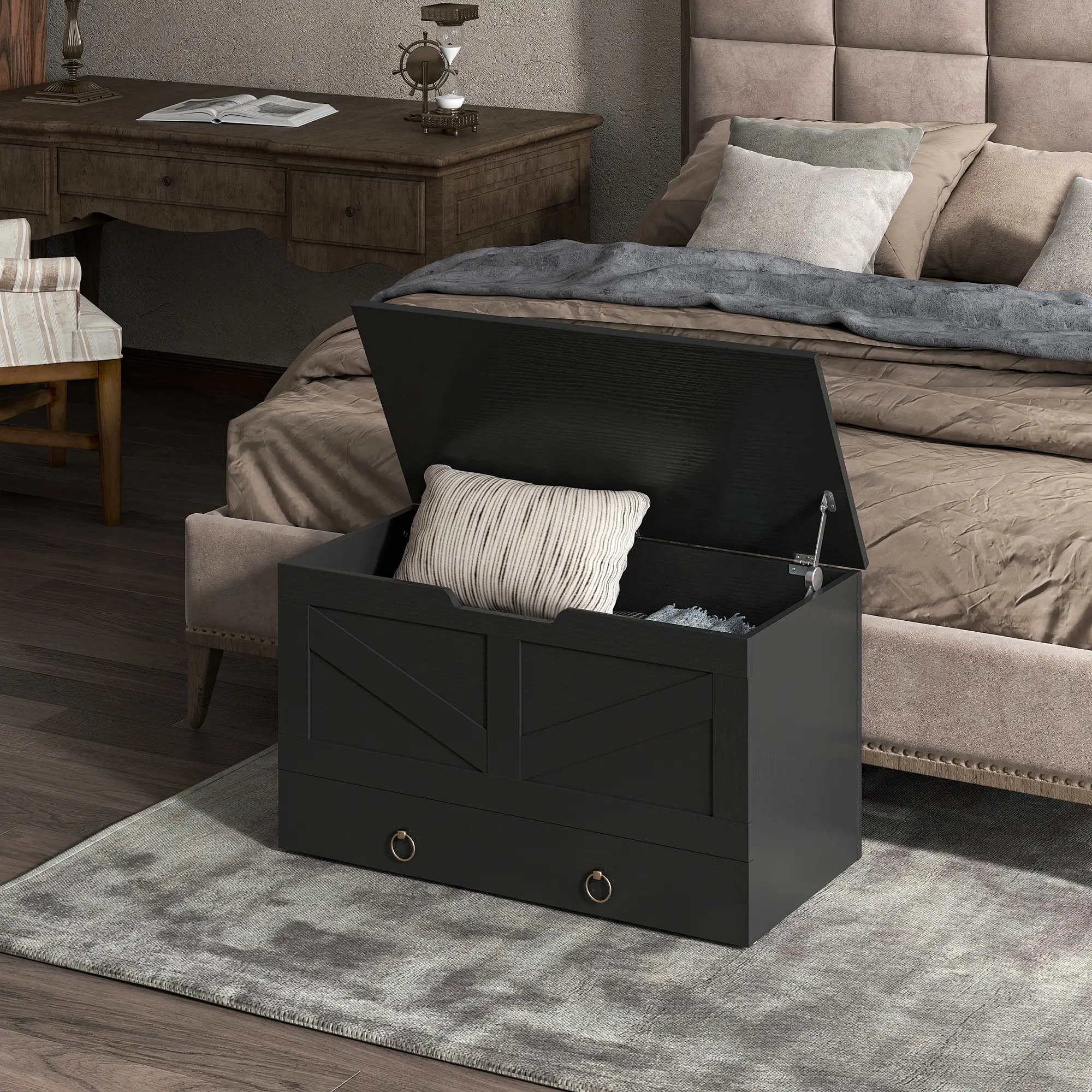 31.5 Inches Storage Chest, Wooden Box, Black Wood Grain, Black - Image 8