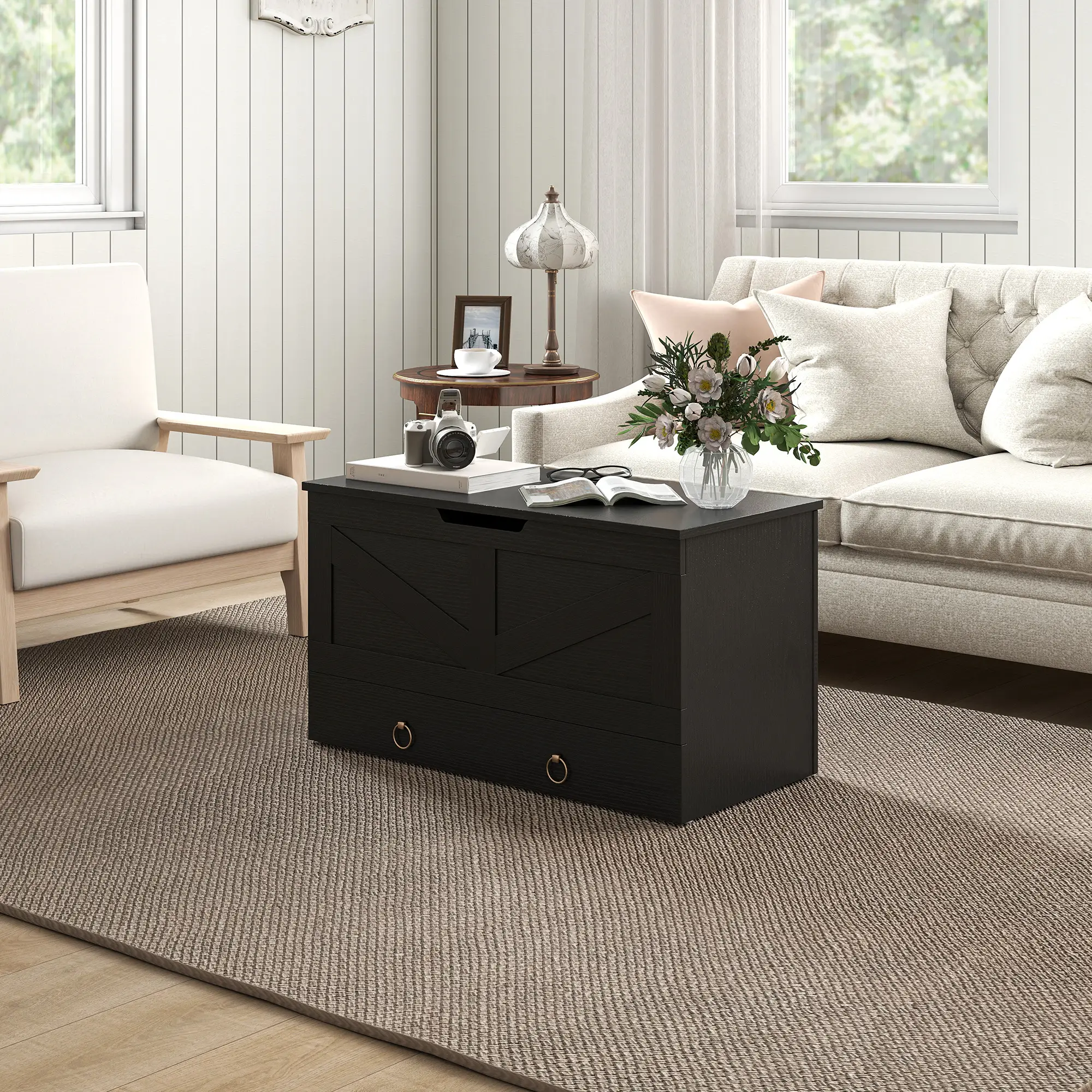 31.5 Inches Storage Chest, Wooden Box, Black Wood Grain, Black - Image 9