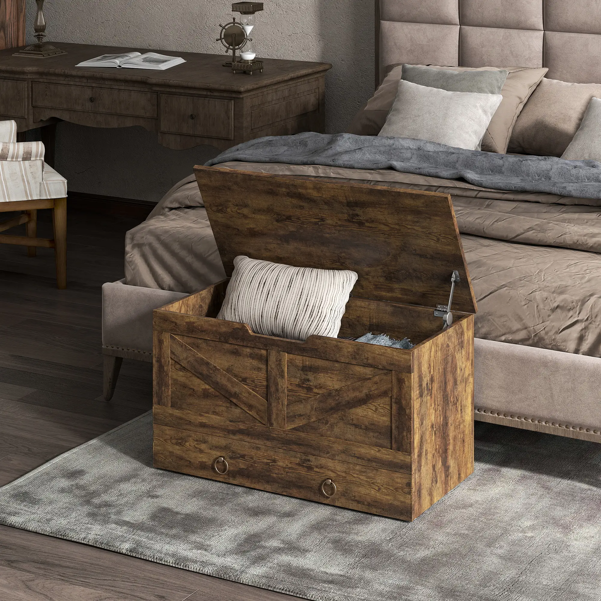 31.5 Inches Storage Chest, Wooden Box, Rustic Brown, Brown - Image 8
