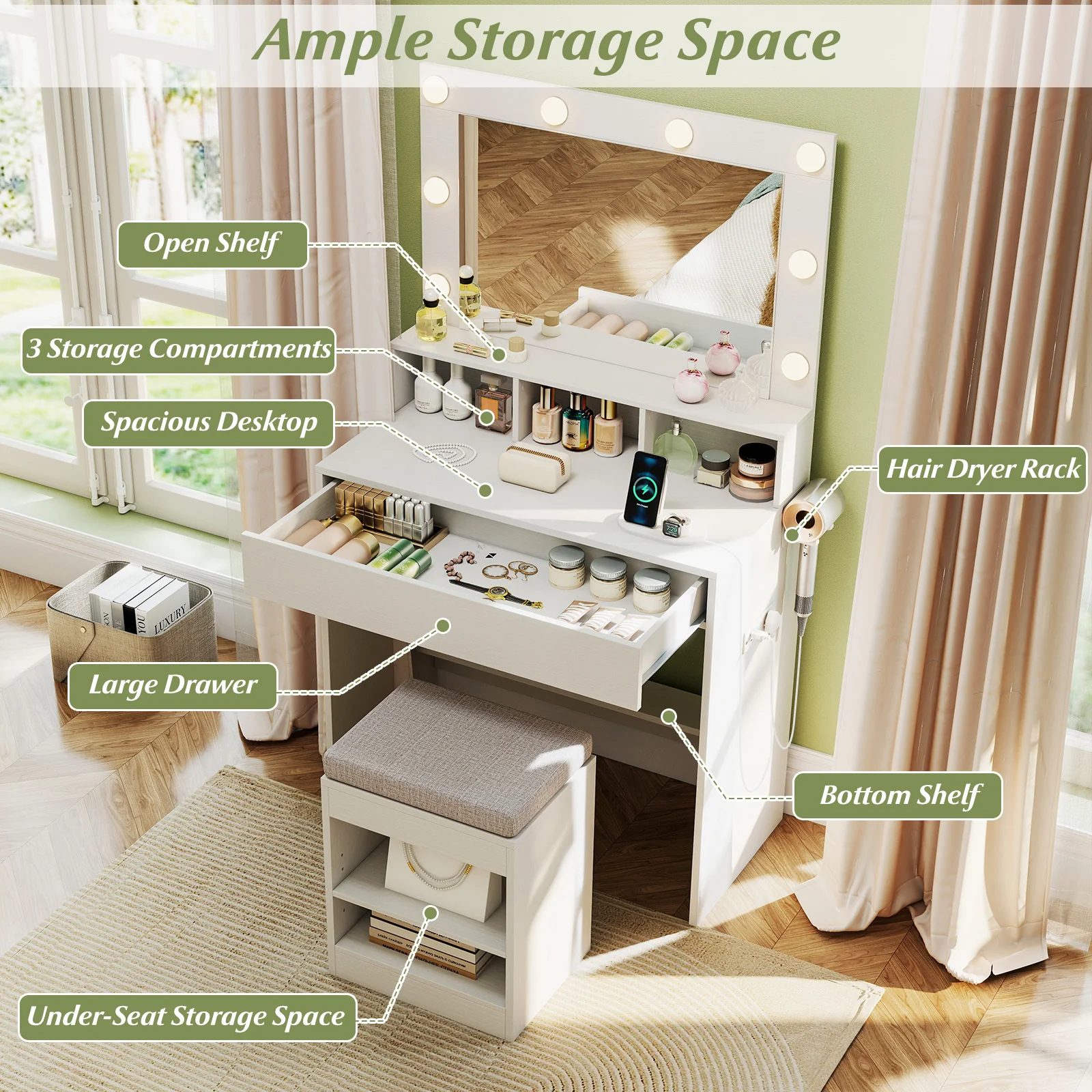 31.5 Inches Vanity Desk, 3 Lighting Modes, Storage Shelves, White - Image 9
