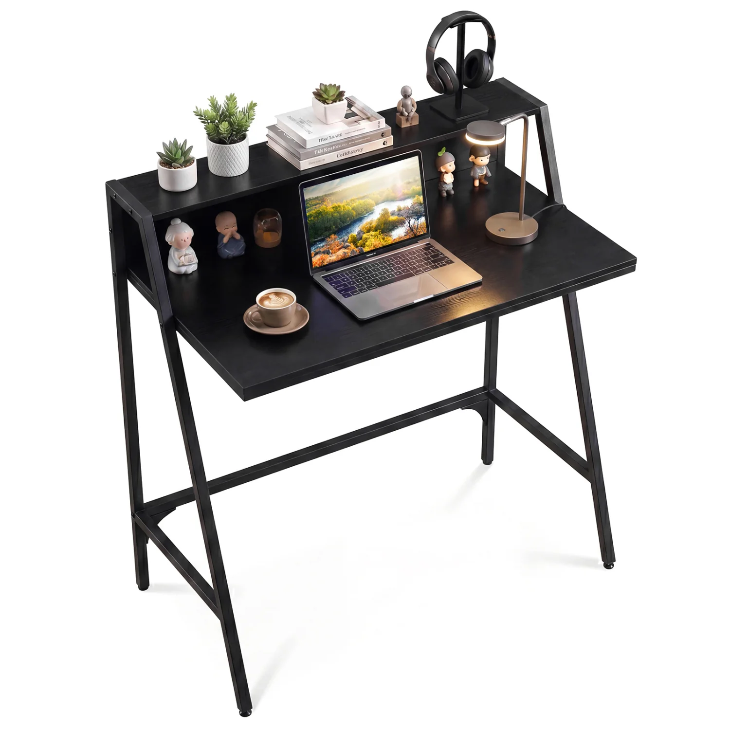 31.5" Industrial Desk With Raised Shelf, Black