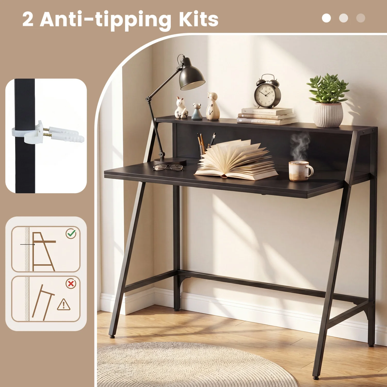 31.5" Industrial Desk With Raised Shelf, Black - Image 8