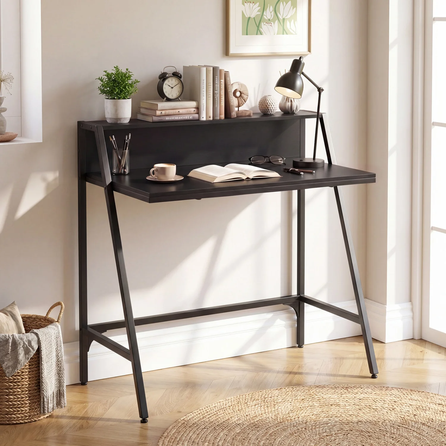 31.5" Industrial Desk With Raised Shelf, Black - Image 9