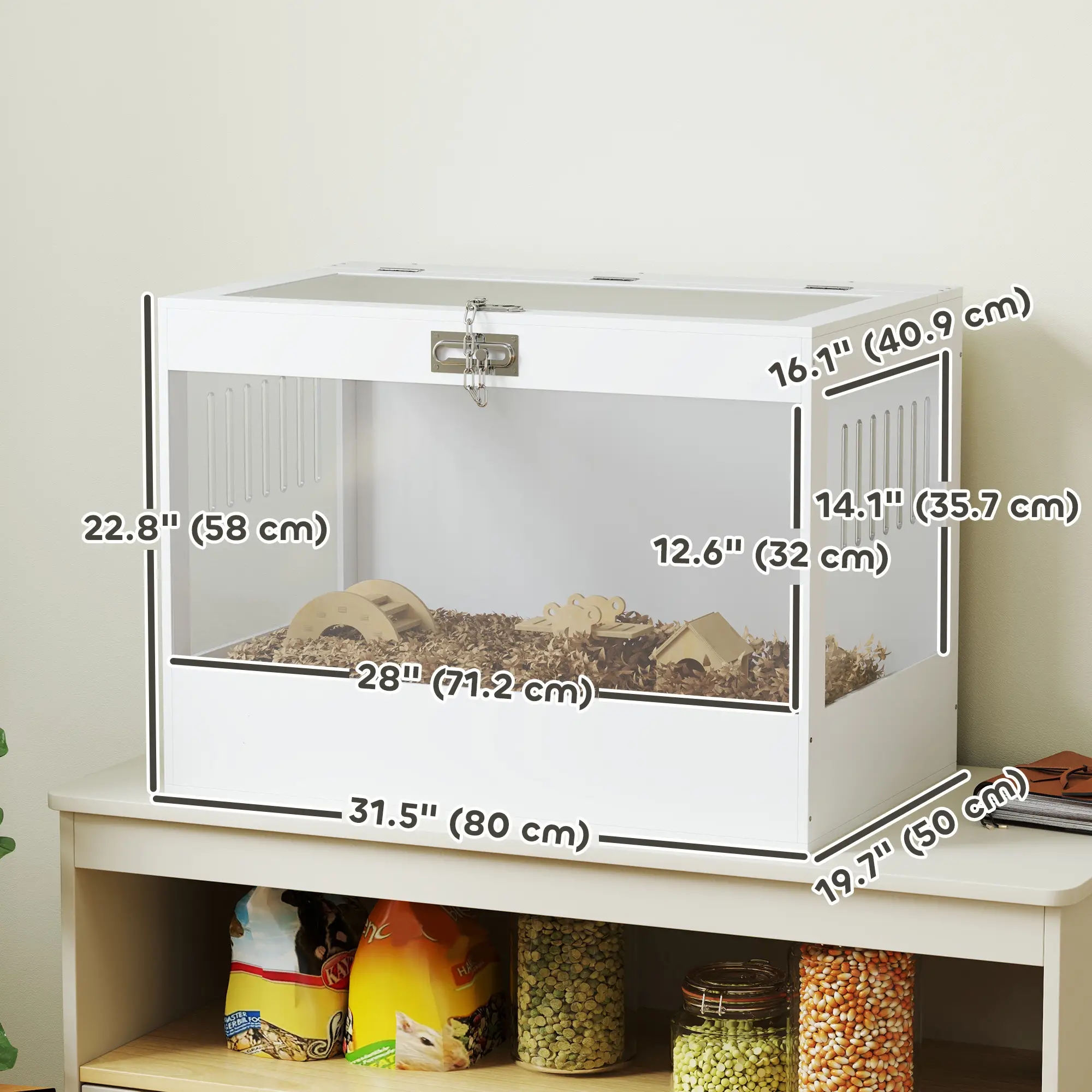 31.5"L Hamster Cage, Openable Top, Hut, Seesaw, Ladder, White - Image 3
