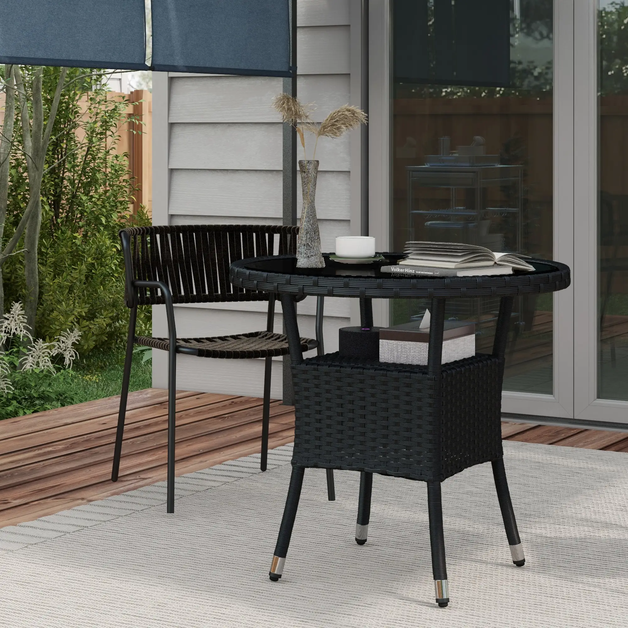 31.5" Outdoor Wicker Dining Table, PE Rattan, Metal Frame, Glass Top, Black - Image 2
