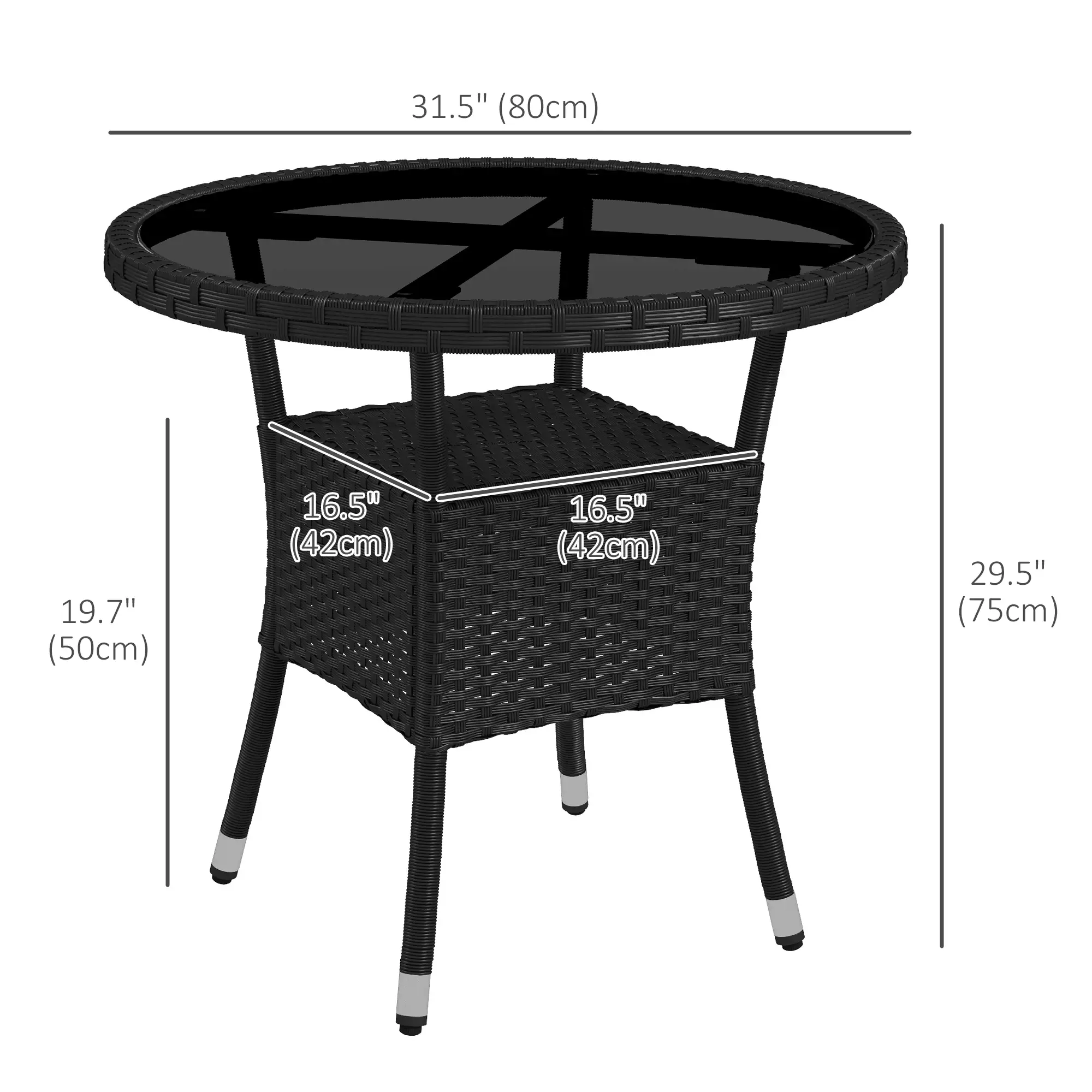 31.5" Outdoor Wicker Dining Table, PE Rattan, Metal Frame, Glass Top, Black - Image 3