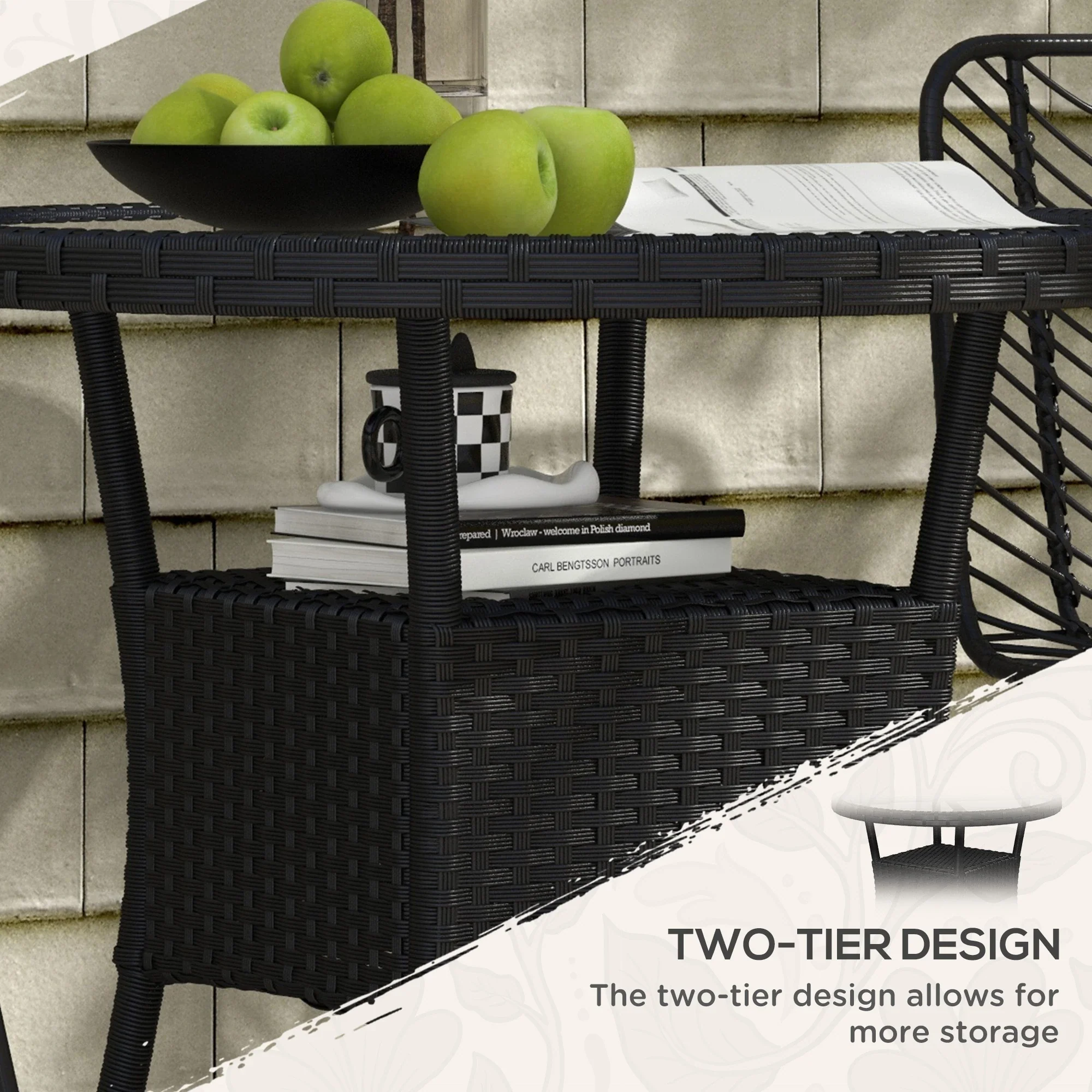 31.5" Outdoor Wicker Dining Table, PE Rattan, Metal Frame, Glass Top, Black - Image 5