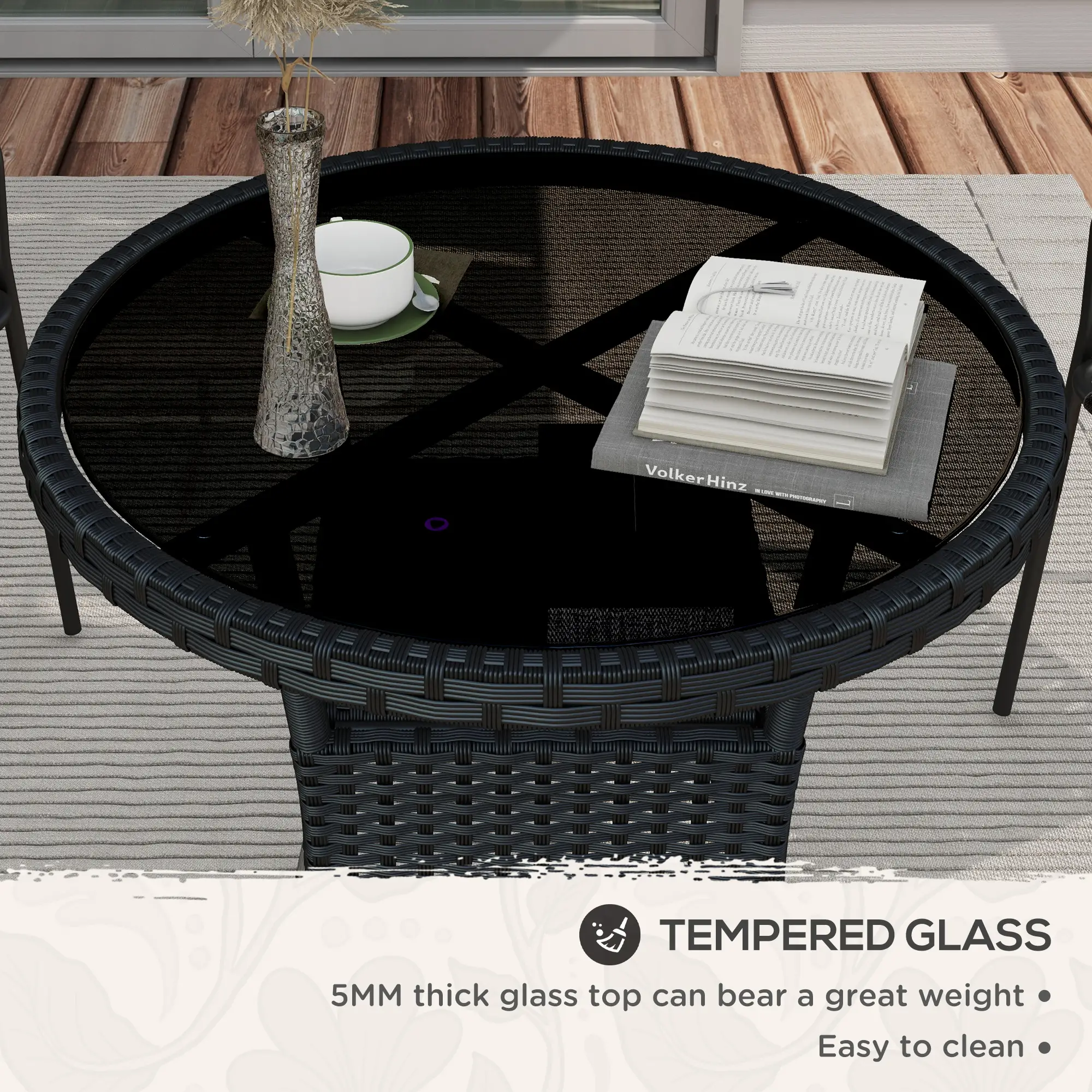 31.5" Outdoor Wicker Dining Table, PE Rattan, Metal Frame, Glass Top, Black - Image 6