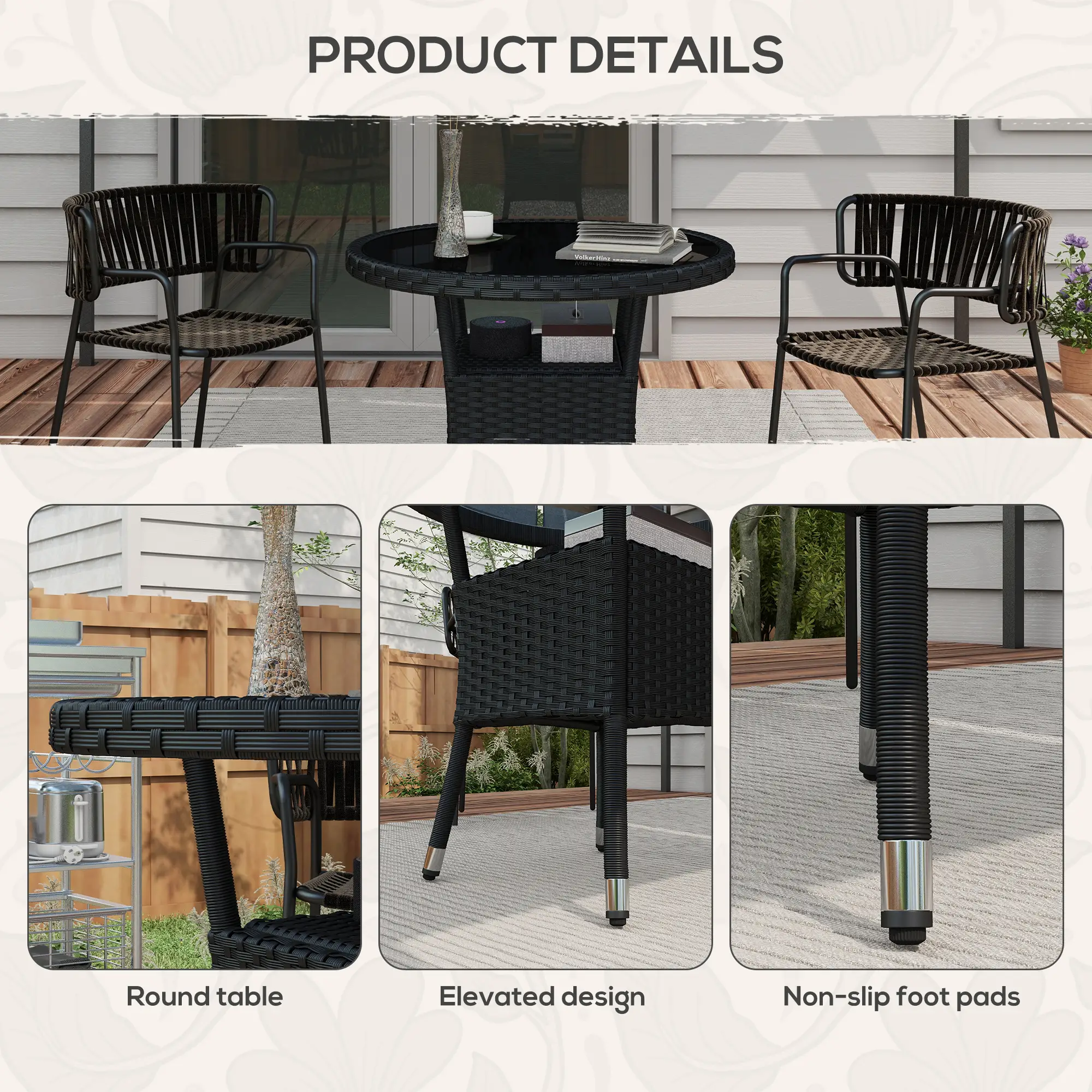 31.5" Outdoor Wicker Dining Table, PE Rattan, Metal Frame, Glass Top, Black - Image 7