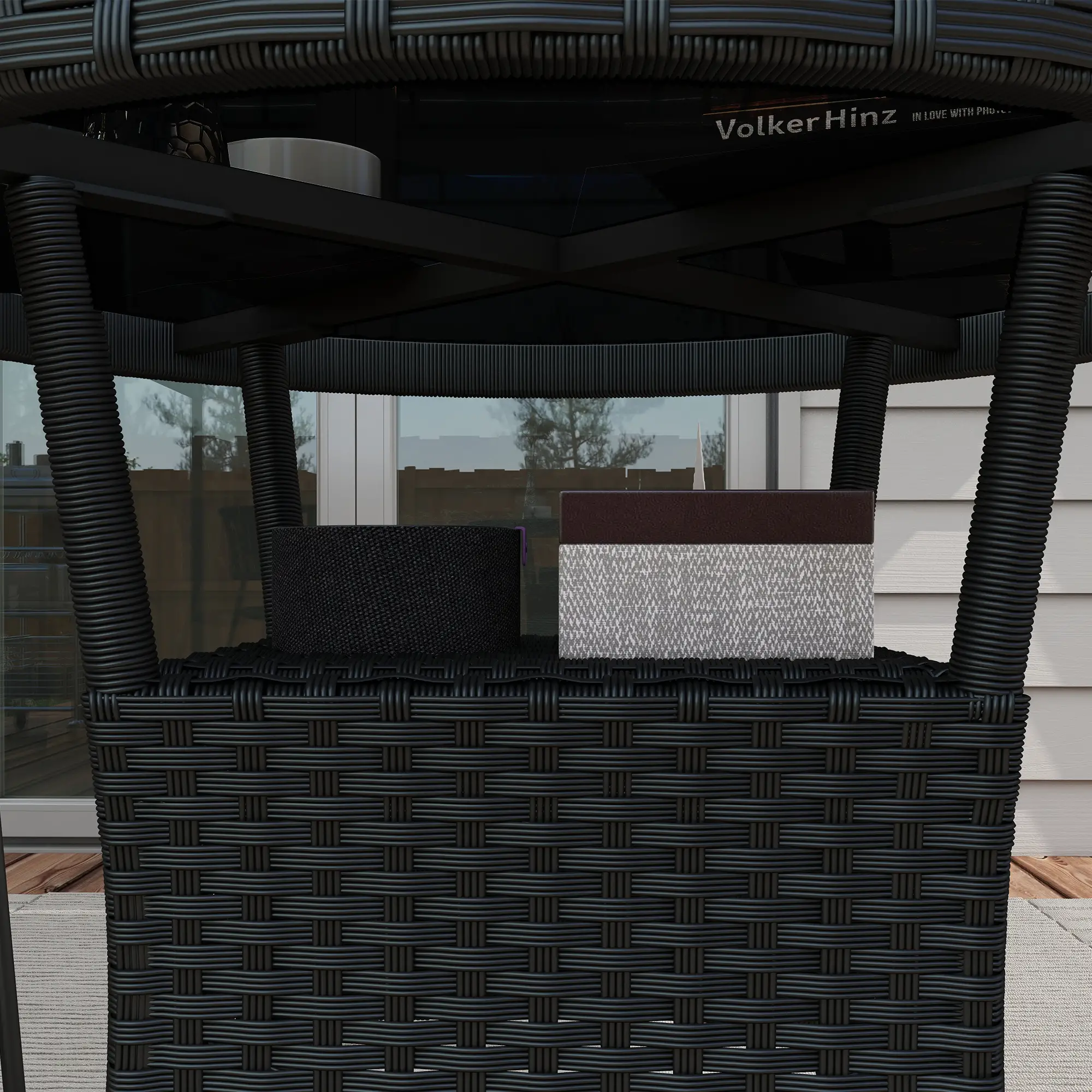 31.5" Outdoor Wicker Dining Table, PE Rattan, Metal Frame, Glass Top, Black - Image 9