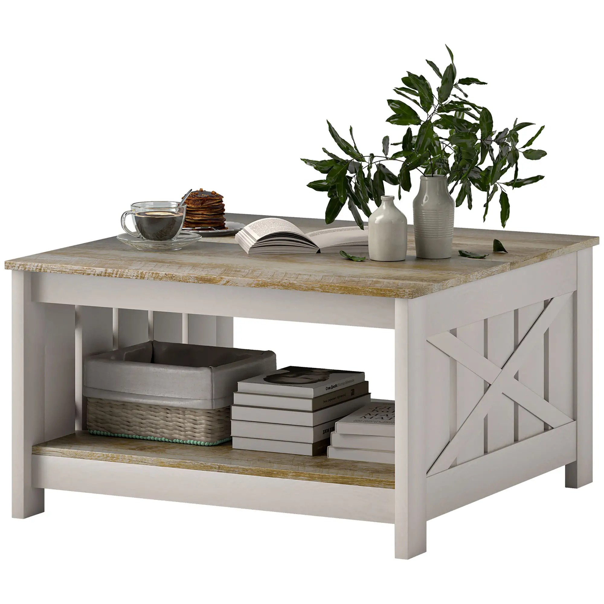 31.5" Square Coffee Table, Farmhouse 2-Tier, Distressed Oak Brown, Brown