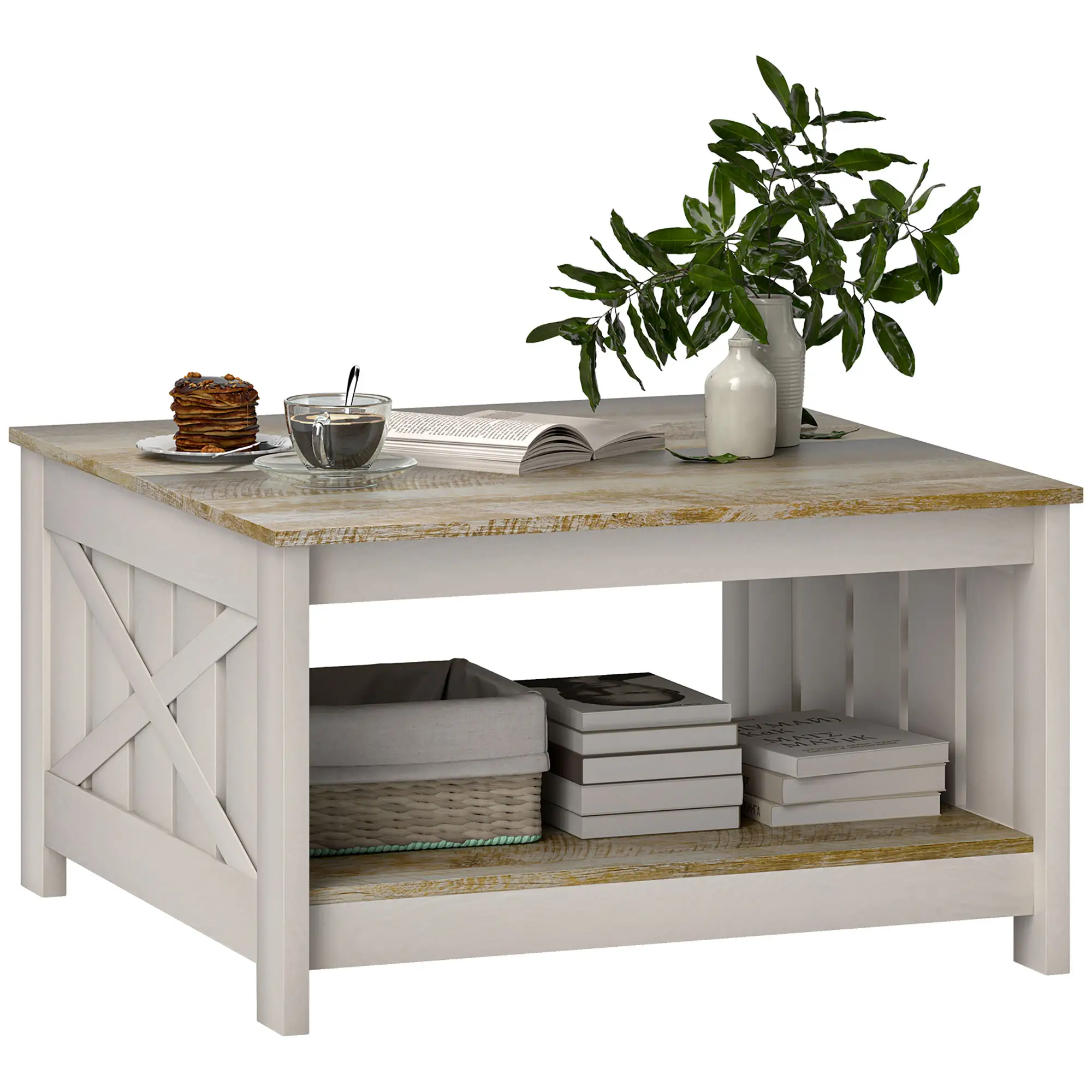 31.5" Square Coffee Table, Farmhouse 2-Tier, Distressed Oak Brown, Brown - Image 11