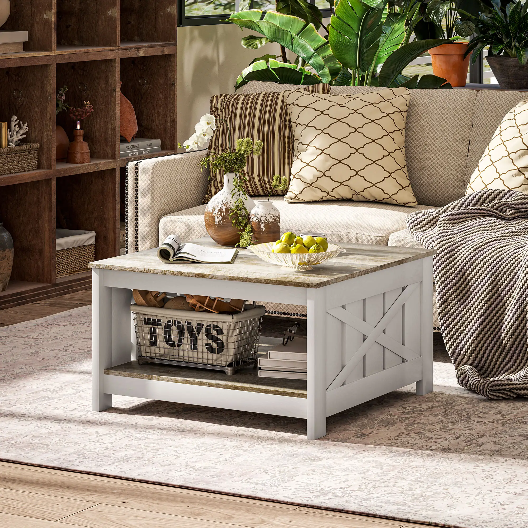 31.5" Square Coffee Table, Farmhouse 2-Tier, Distressed Oak Brown, Brown - Image 2