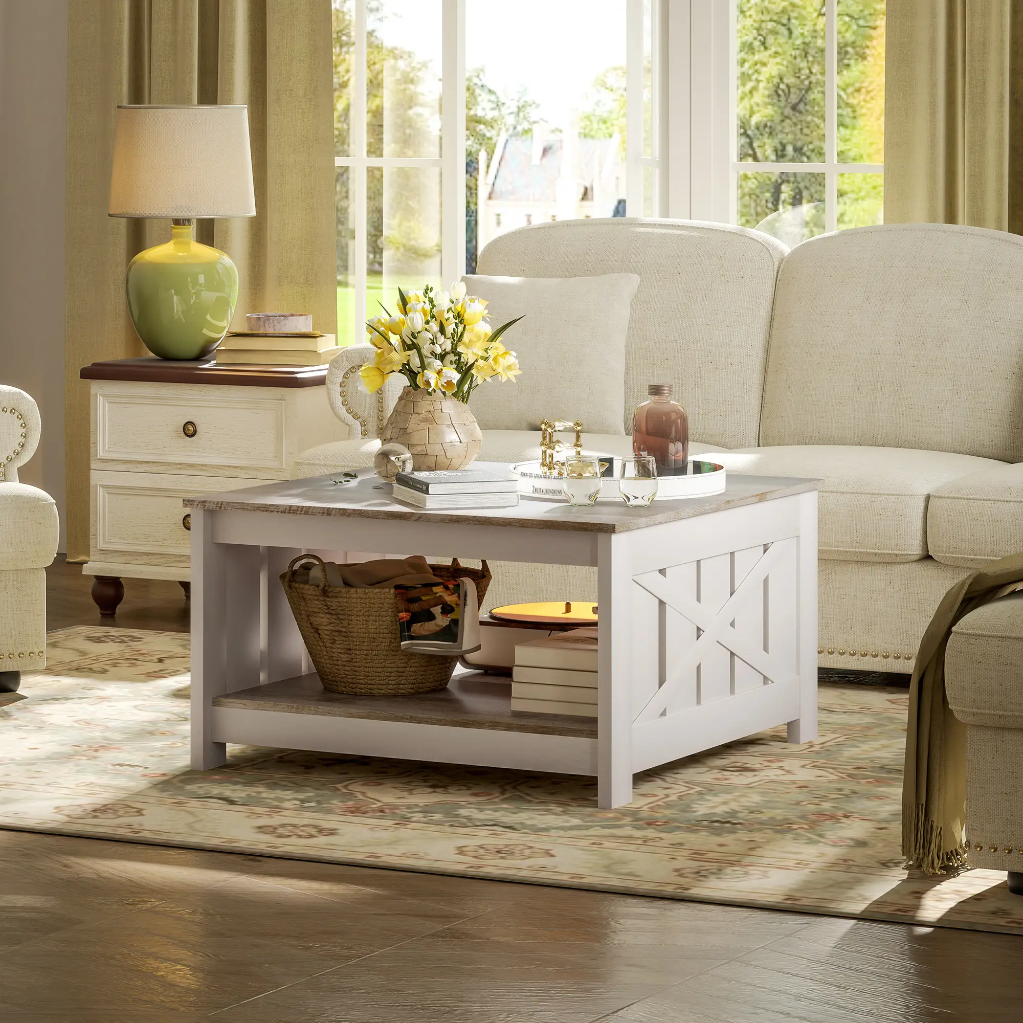 31.5" Square Coffee Table, Farmhouse 2-Tier, Distressed Oak Brown, Brown - Image 6