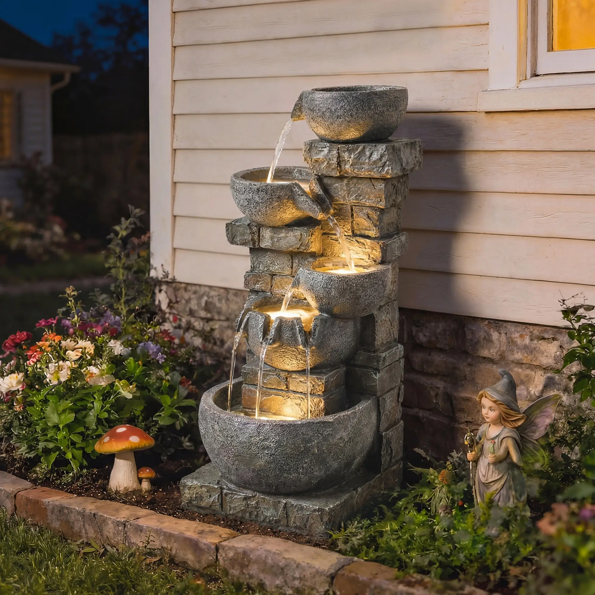 31.5" Tall 5 Tiers Cascading Water Fountain, Mixed, Outdoor Garden Patio Decor - Image 2
