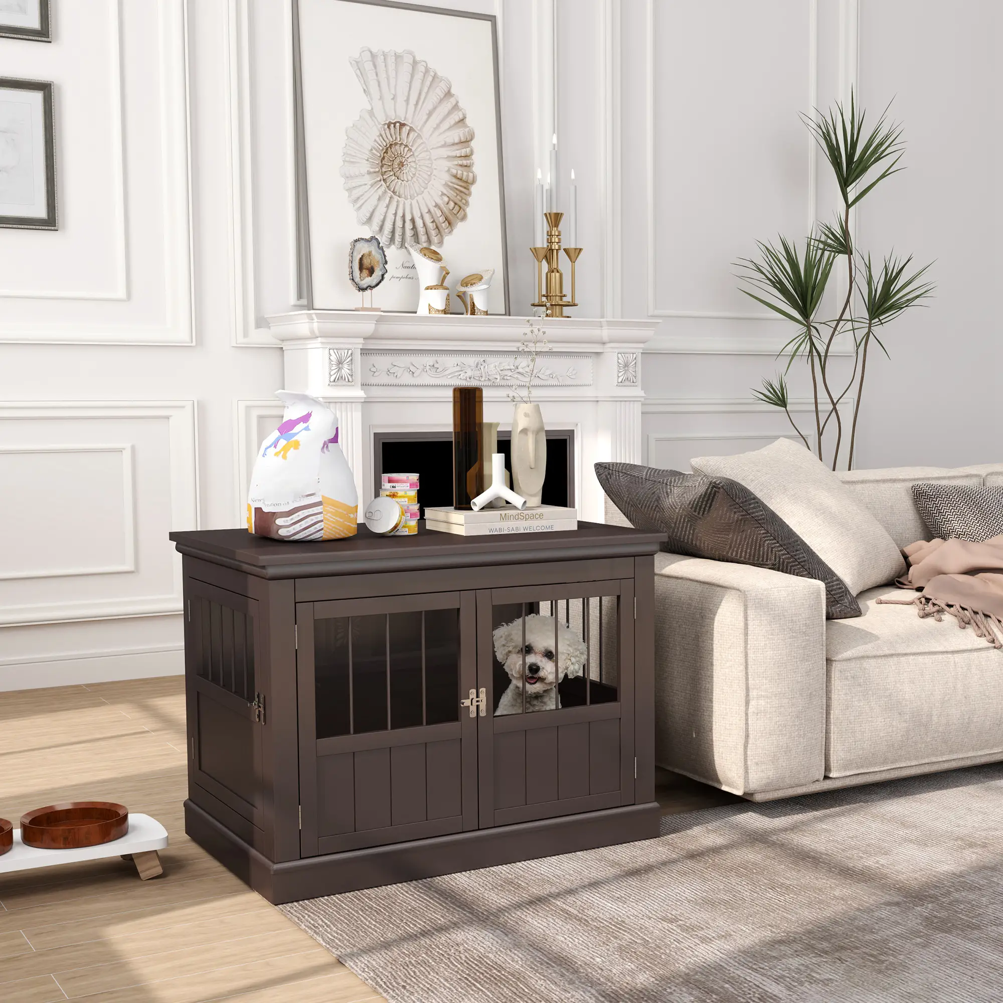 31" Dog Crate End Table, Three Doors, Small Dogs, Coffee - Image 2