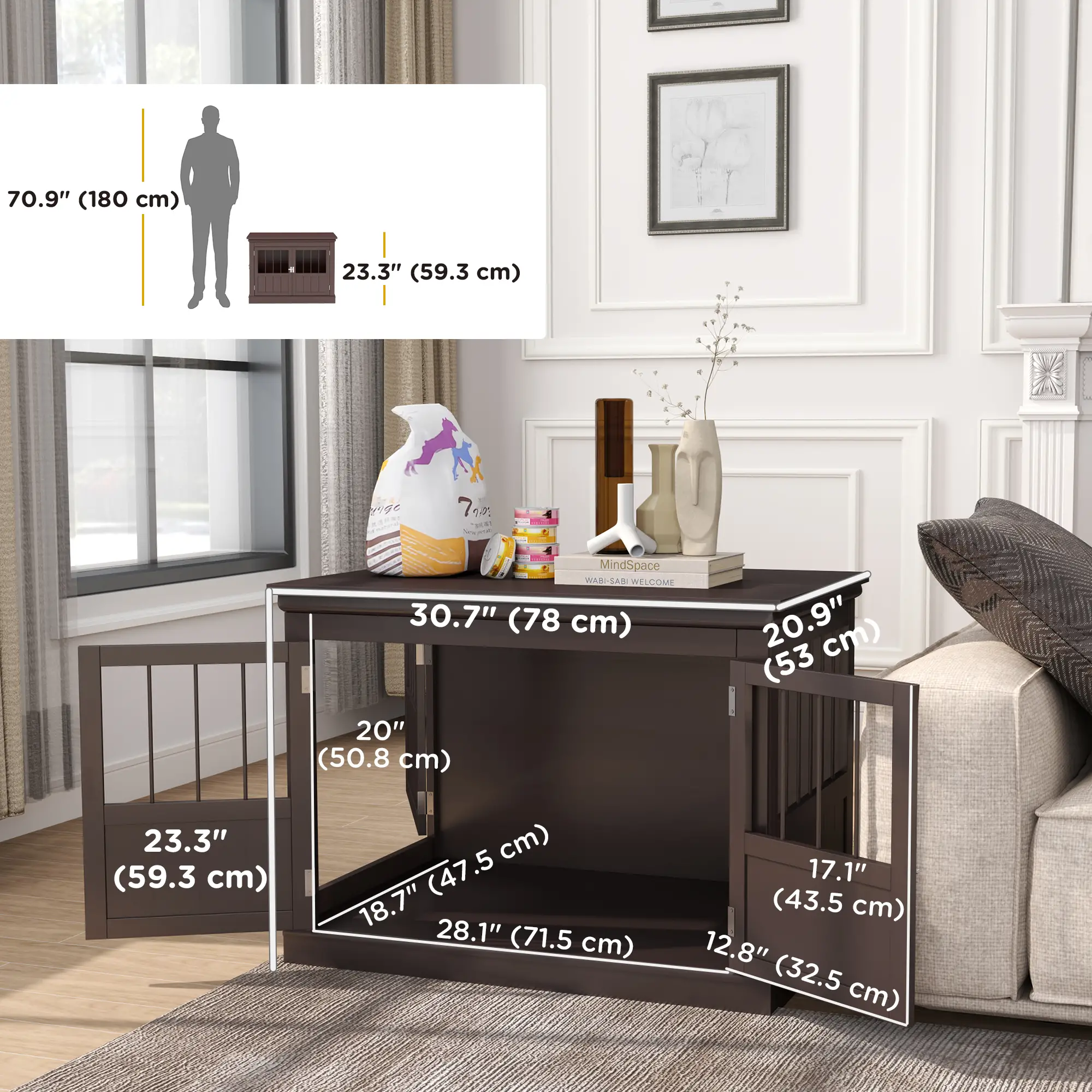 31" Dog Crate End Table, Three Doors, Small Dogs, Coffee - Image 3