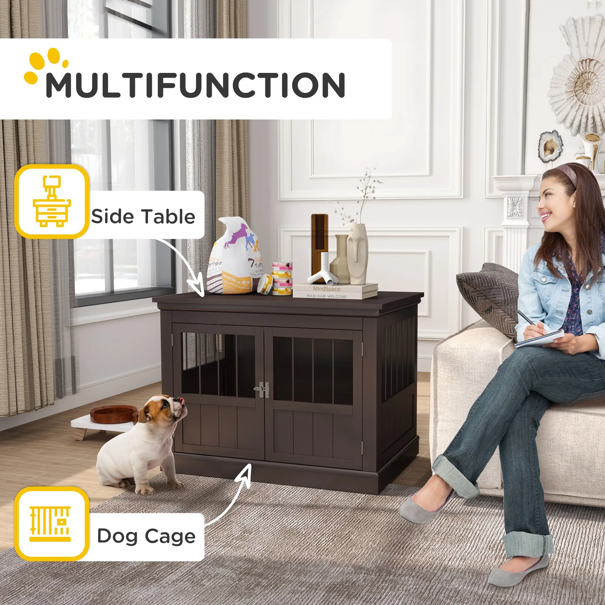 31" Dog Crate End Table, Three Doors, Small Dogs, Coffee - Image 4