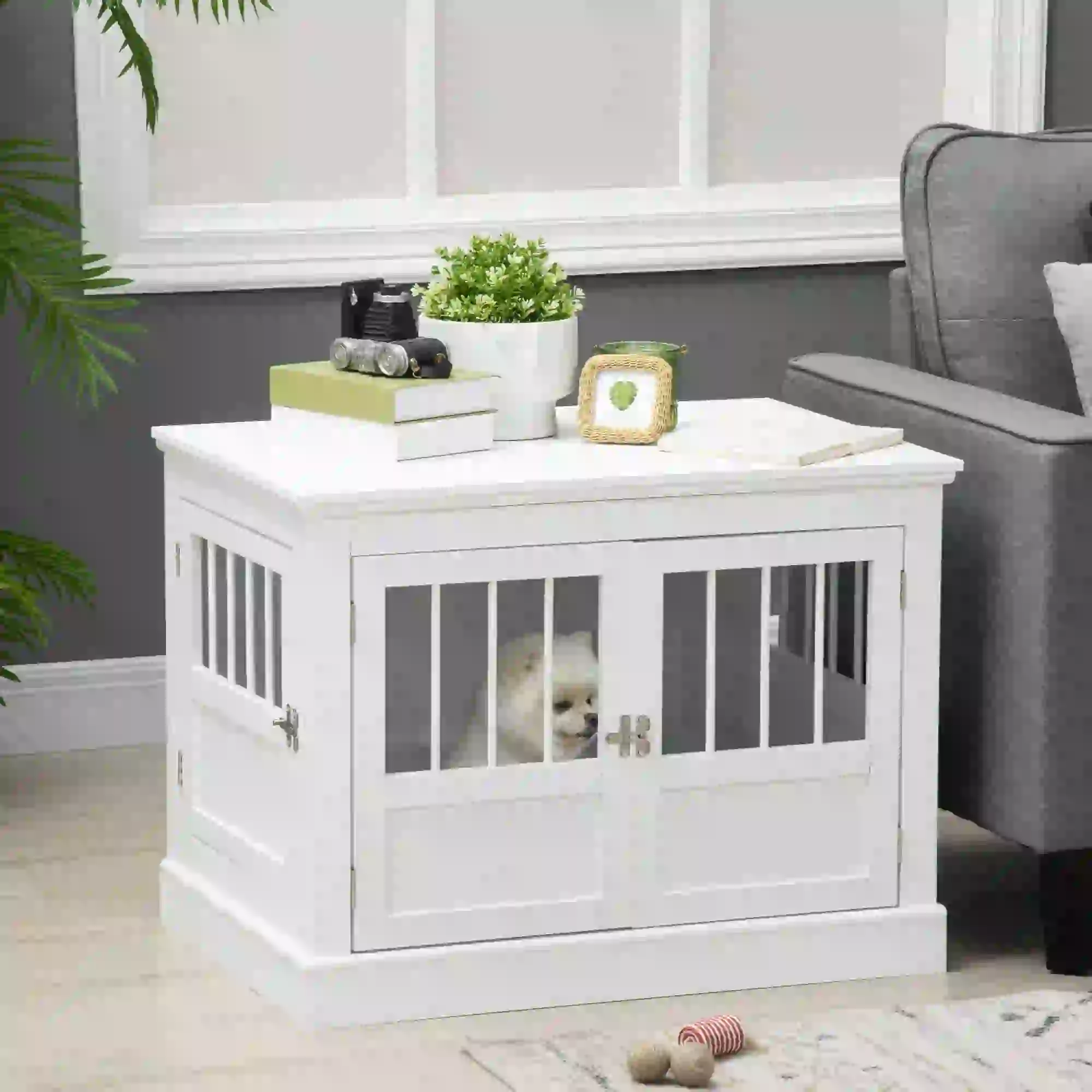 31" Dog Crate End Table, Three Doors, White - Image 2
