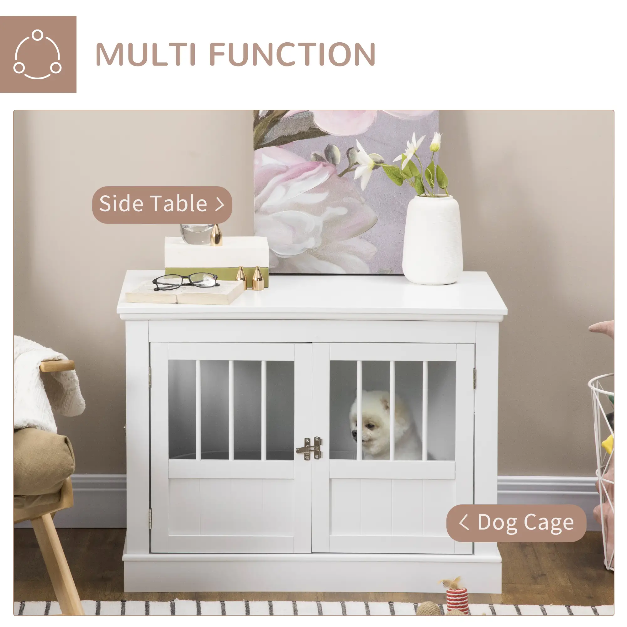 31" Dog Crate End Table, Three Doors, White - Image 4