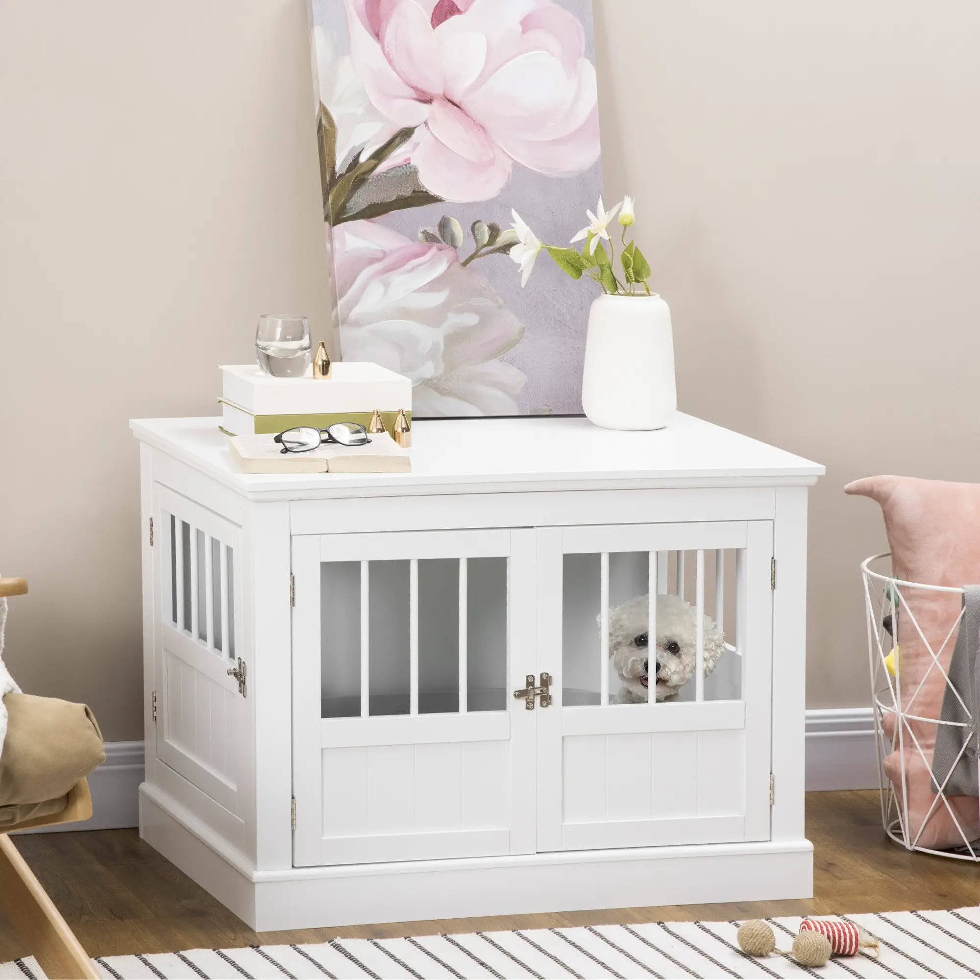 31" Dog Crate End Table, Three Doors, White - Image 8