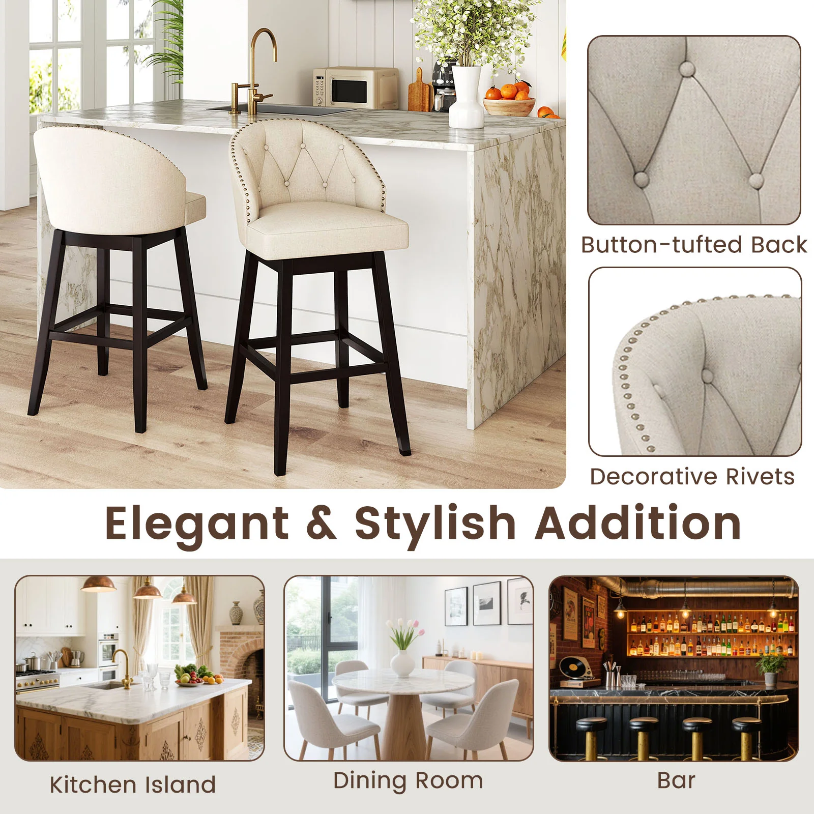 31 Inch Bar Stools Set of 4, Padded Swivel Seat, Rubber Wood Frame, Beige - Image 10