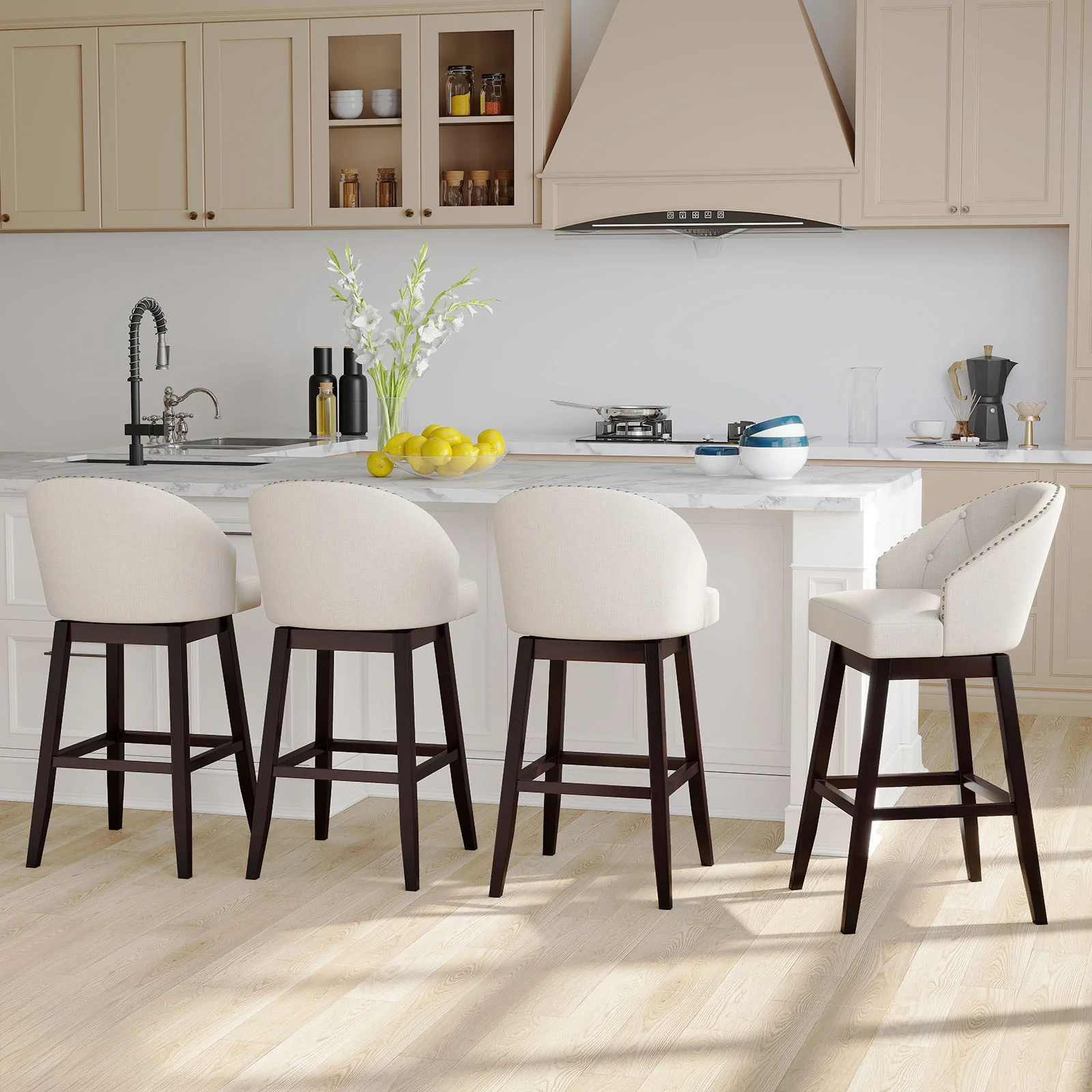 31 Inch Bar Stools Set of 4, Padded Swivel Seat, Rubber Wood Frame, Beige - Image 2